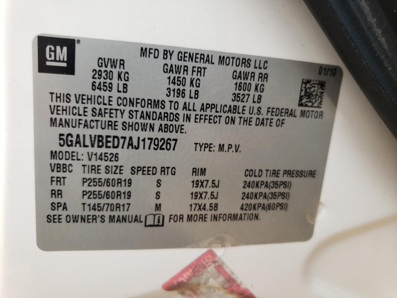 Photo 10 from auction – 2010 BUICK ENCLAVE CX with VIN 5GALVBED7AJ179267