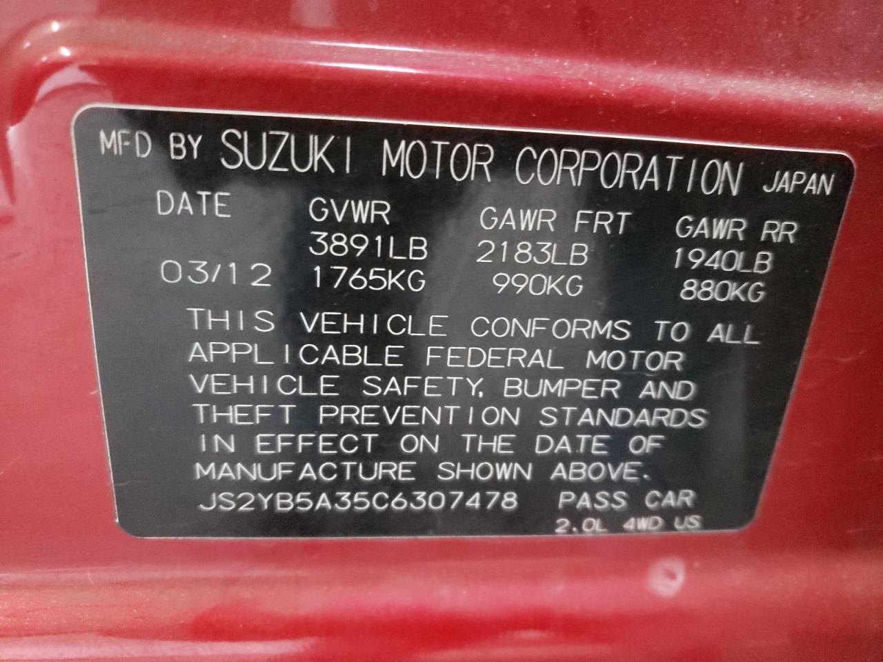 Photo 10 from auction – 2012 SUZUKI SX4 with VIN JS2YB5A35C6307478