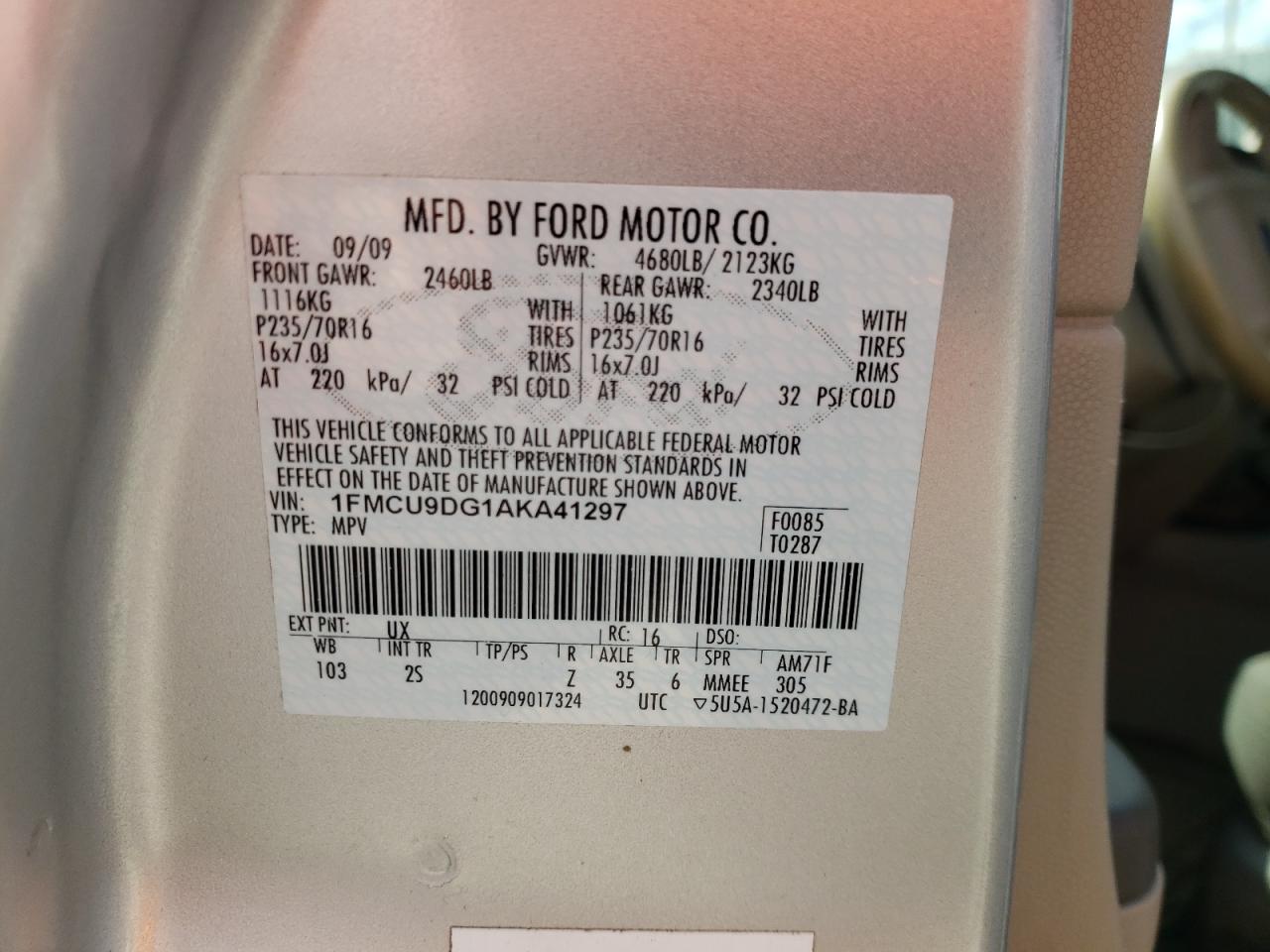 Photo 10 from auction – 2010 FORD ESCAPE XLT with VIN 1FMCU9DG1AKA41297