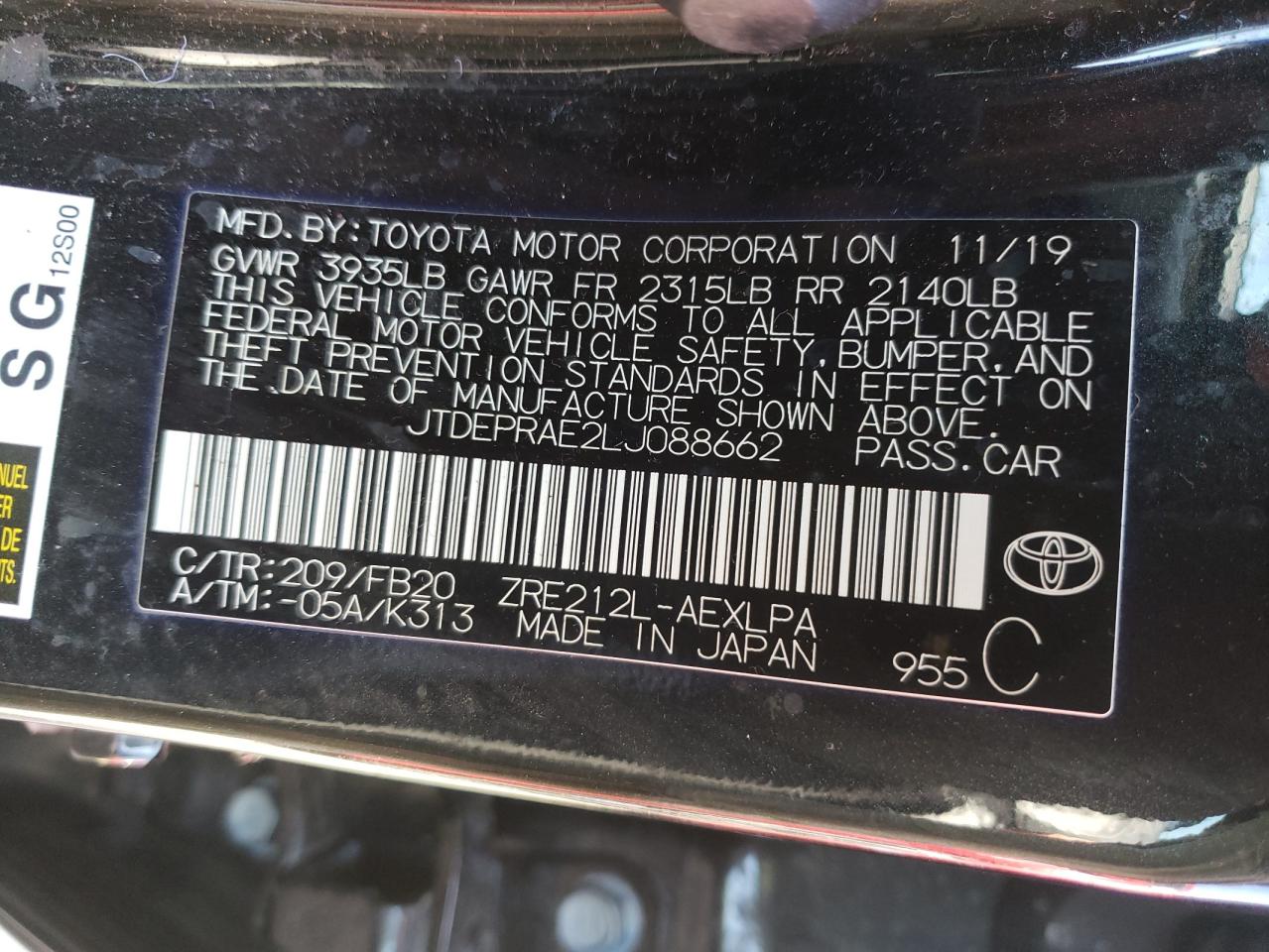 Photo 10 from auction – 2020 TOYOTA COROLLA LE with VIN JTDEPRAE2LJ088662