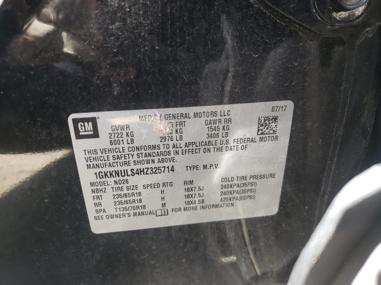 Photo 10 from auction – 2017 GMC ACADIA SLT with VIN 1GKKNULS4HZ325714