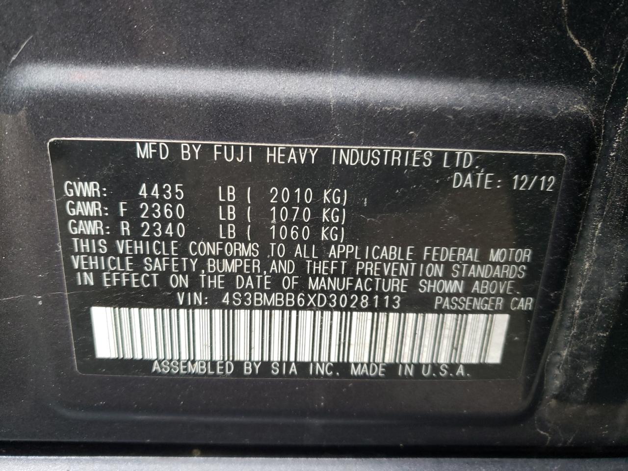 Photo 10 from auction – 2013 SUBARU LEGACY 2.5 with VIN 4S3BMBB6XD3028113