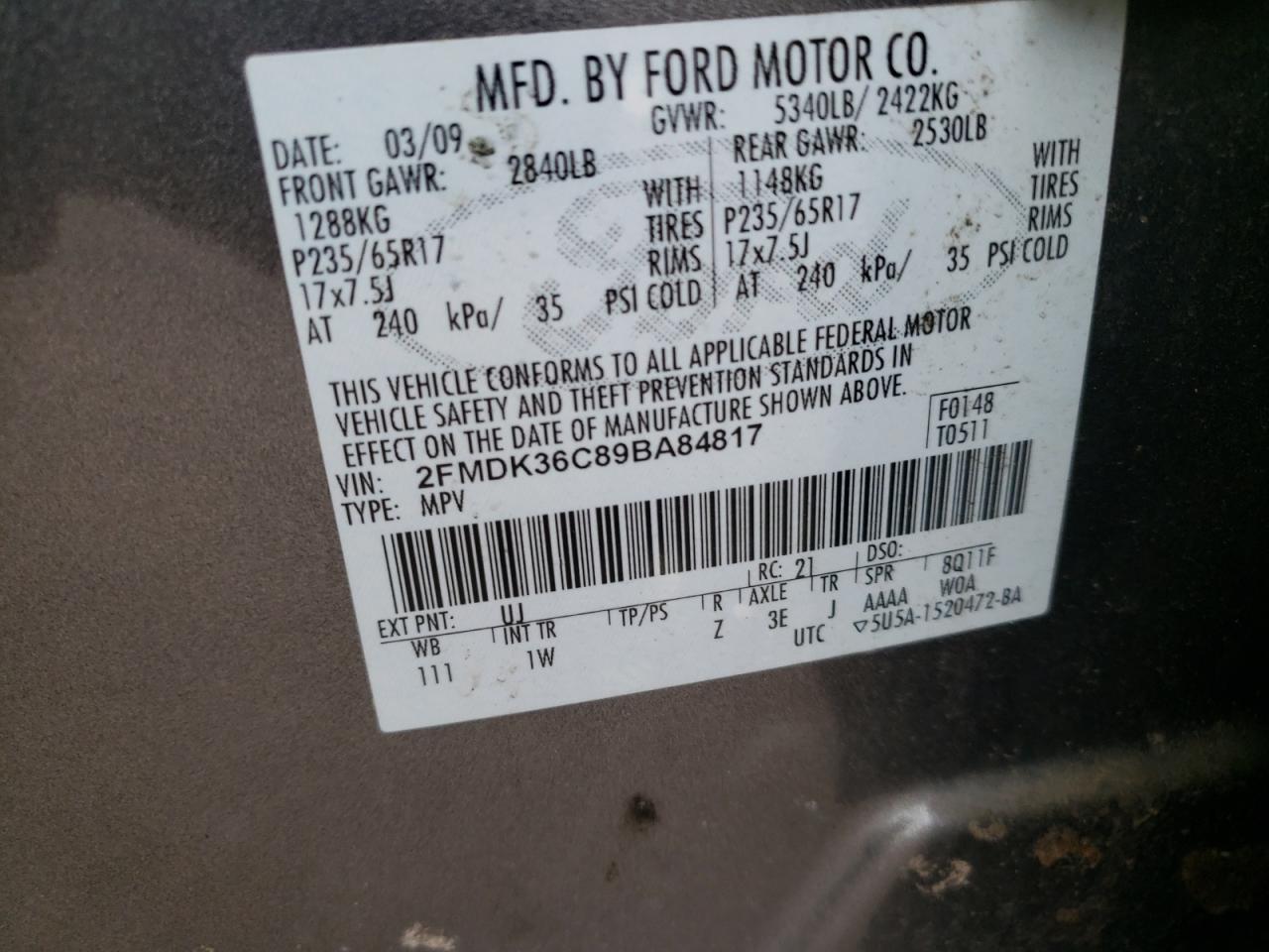 Photo 10 from auction – 2009 FORD EDGE SE with VIN 2FMDK36C89BA84817