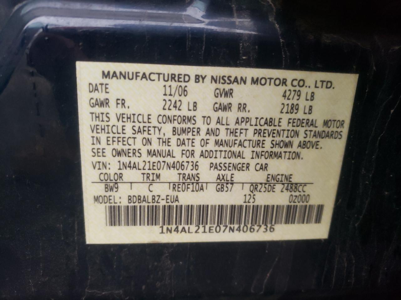 Photo 10 from auction – 2007 NISSAN ALTIMA 2.5 with VIN 1N4AL21E07N406736