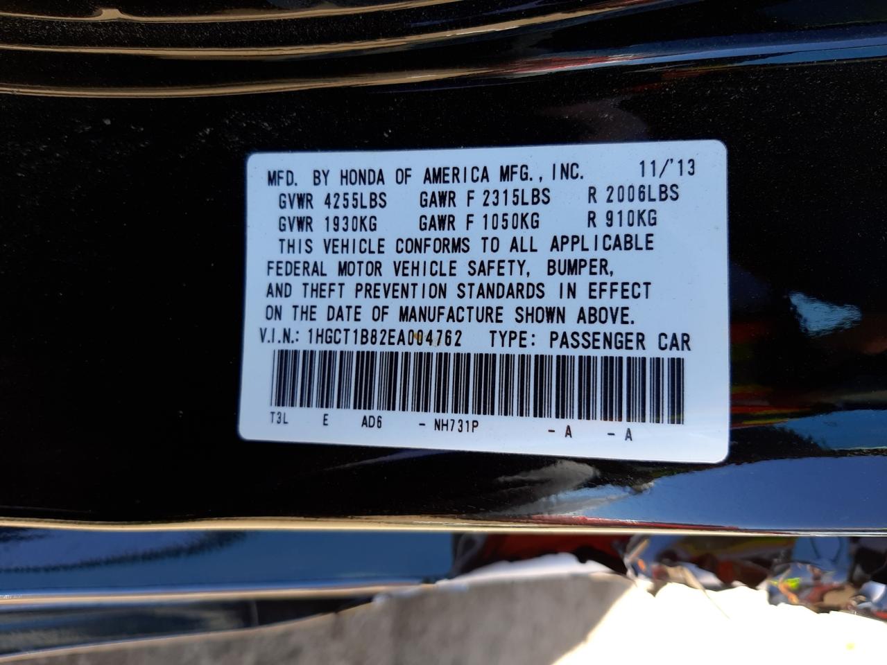 Photo 10 from auction – 2014 HONDA ACCORD EXL with VIN 1HGCT1B82EA004762