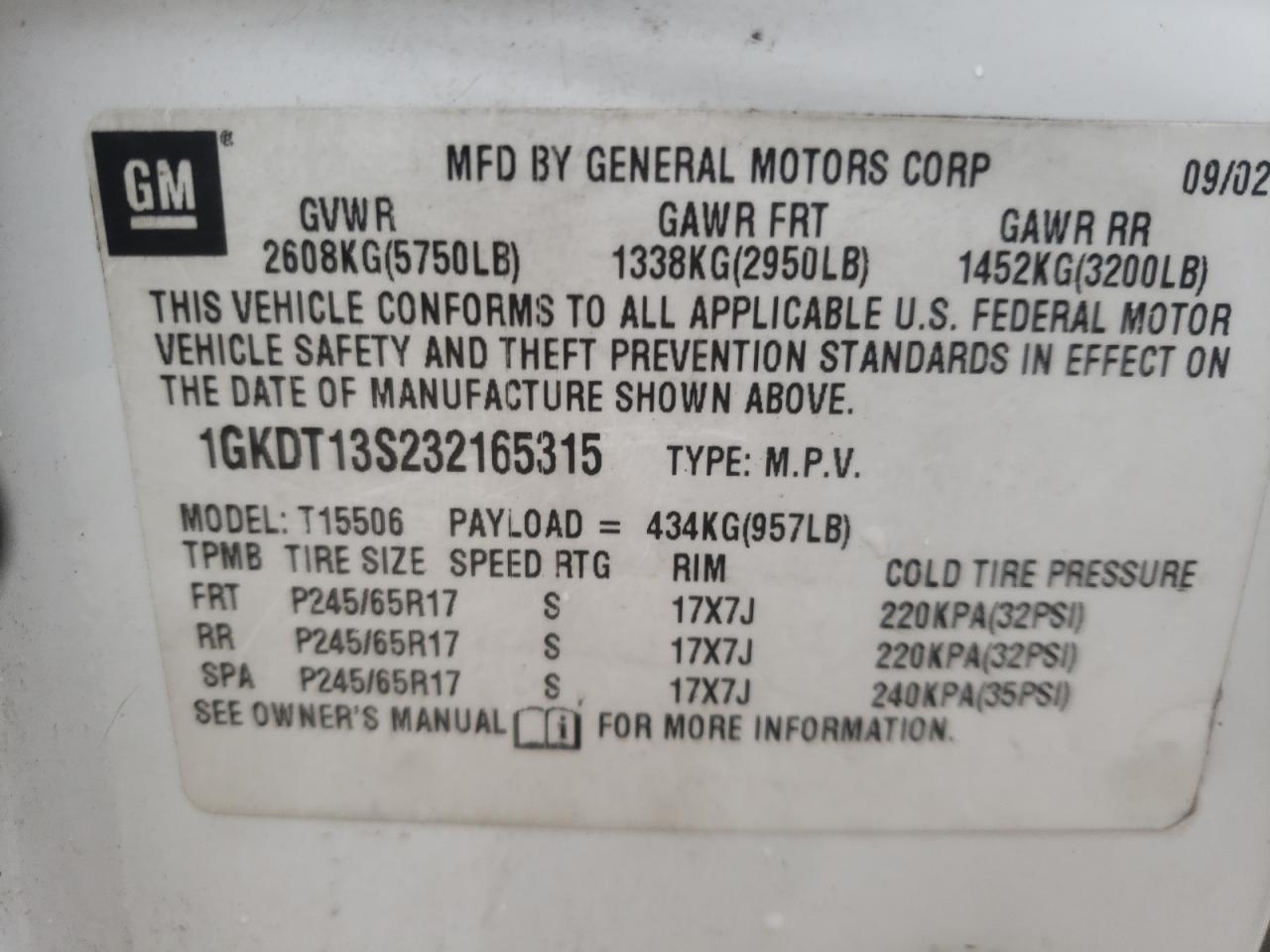 Foto 10 de la subasta – 2003 GMC ENVOY con VIN 1GKDT13S232165315