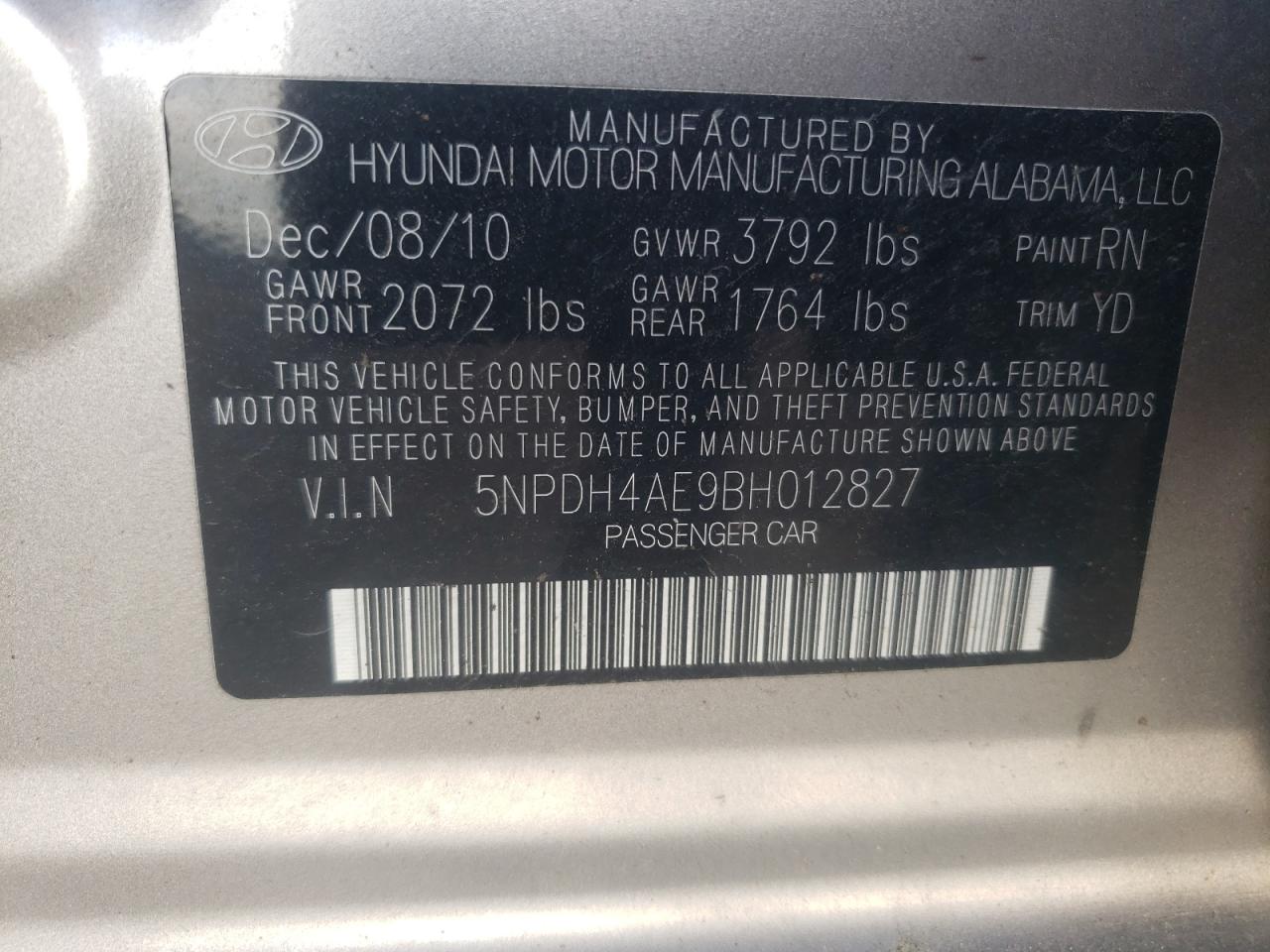 Photo 10 from auction – 2011 HYUNDAI ELANTRA GL with VIN 5NPDH4AE9BH012827