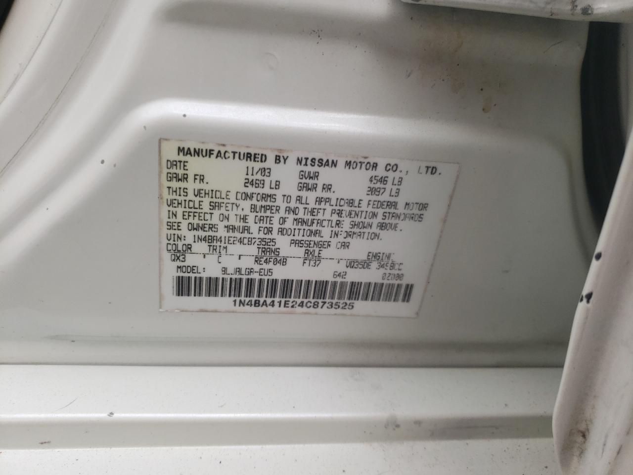Zdjęcie 10 z aukcji – 2004 NISSAN MAXIMA SE z VIN 1N4BA41E24C873525