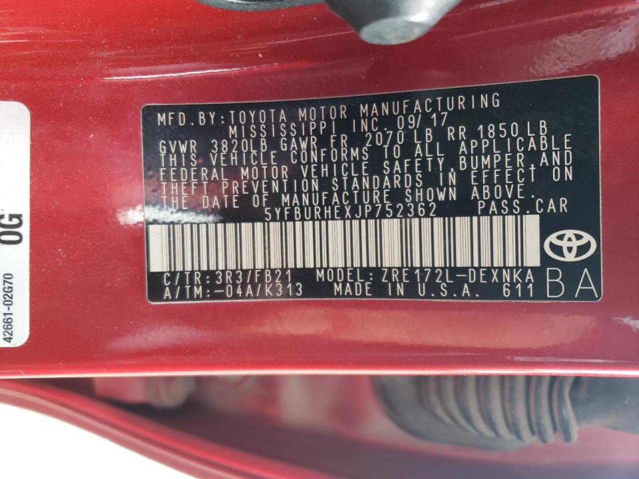 Photo 10 from auction – 2018 TOYOTA COROLLA L with VIN 5YFBURHEXJP752362