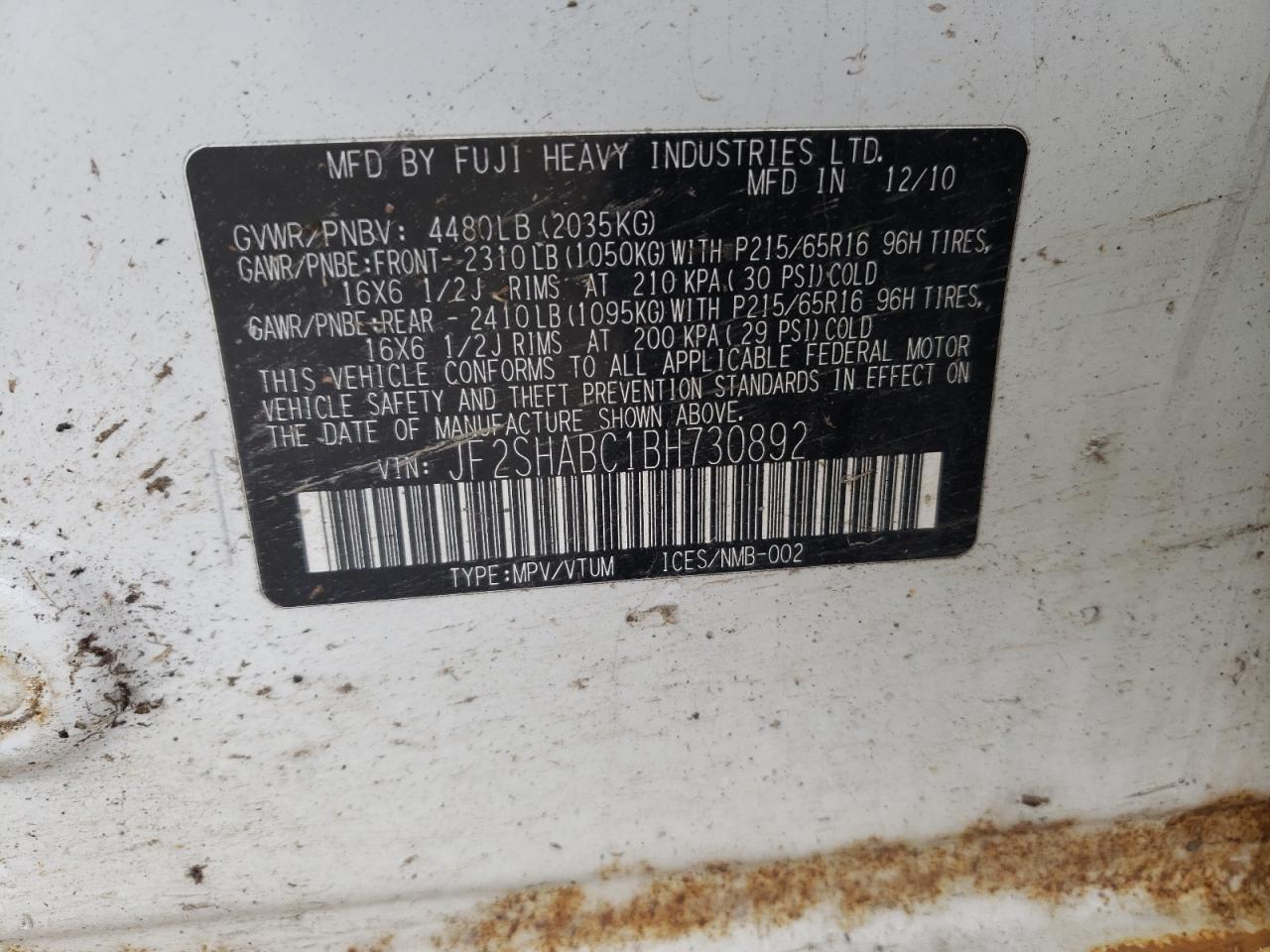 Photo 10 from auction – 2011 SUBARU FORESTER 2 with VIN JF2SHABC1BH730892