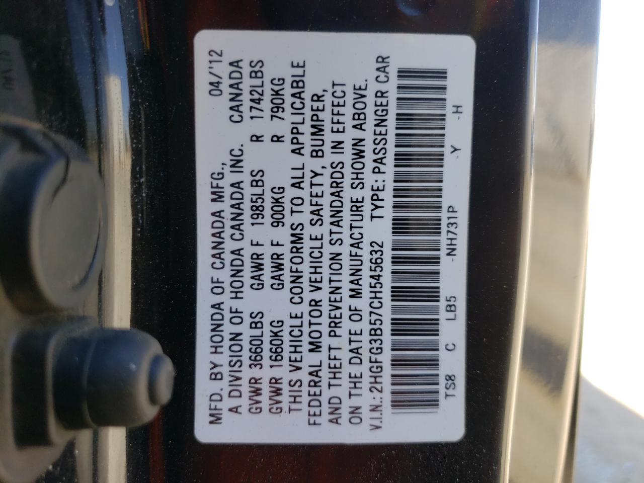 Photo 10 from auction – 2012 HONDA CIVIC LX with VIN 2HGFG3B57CH545632