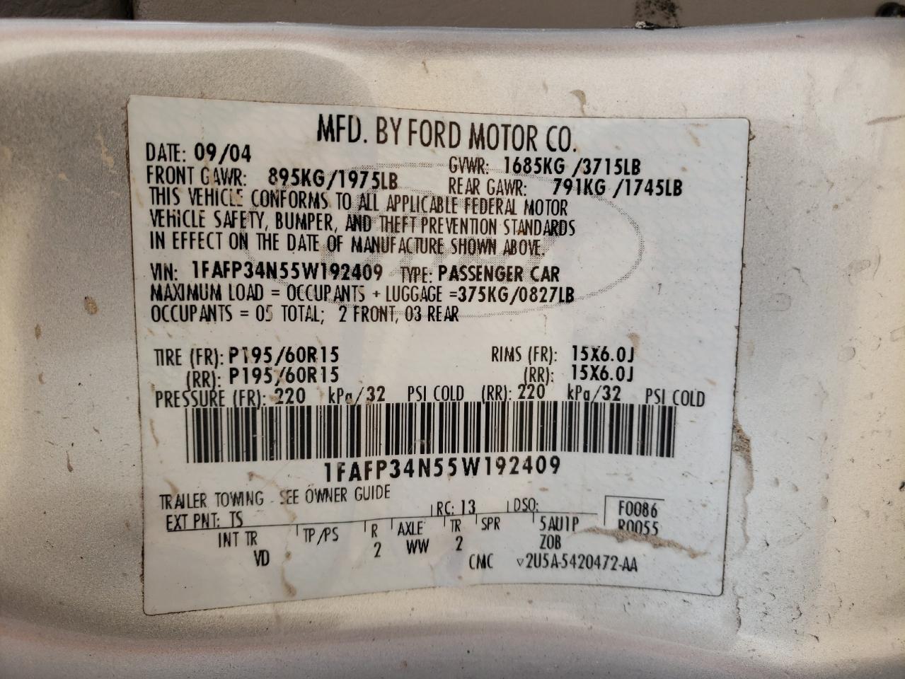 Photo 10 from auction – 2005 FORD FOCUS ZX4 with VIN 1FAFP34N55W192409