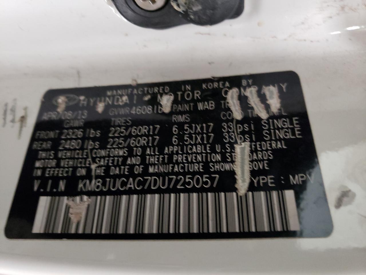 Photo 10 from auction – 2013 HYUNDAI TUCSON GLS with VIN KM8JUCAC7DU725057