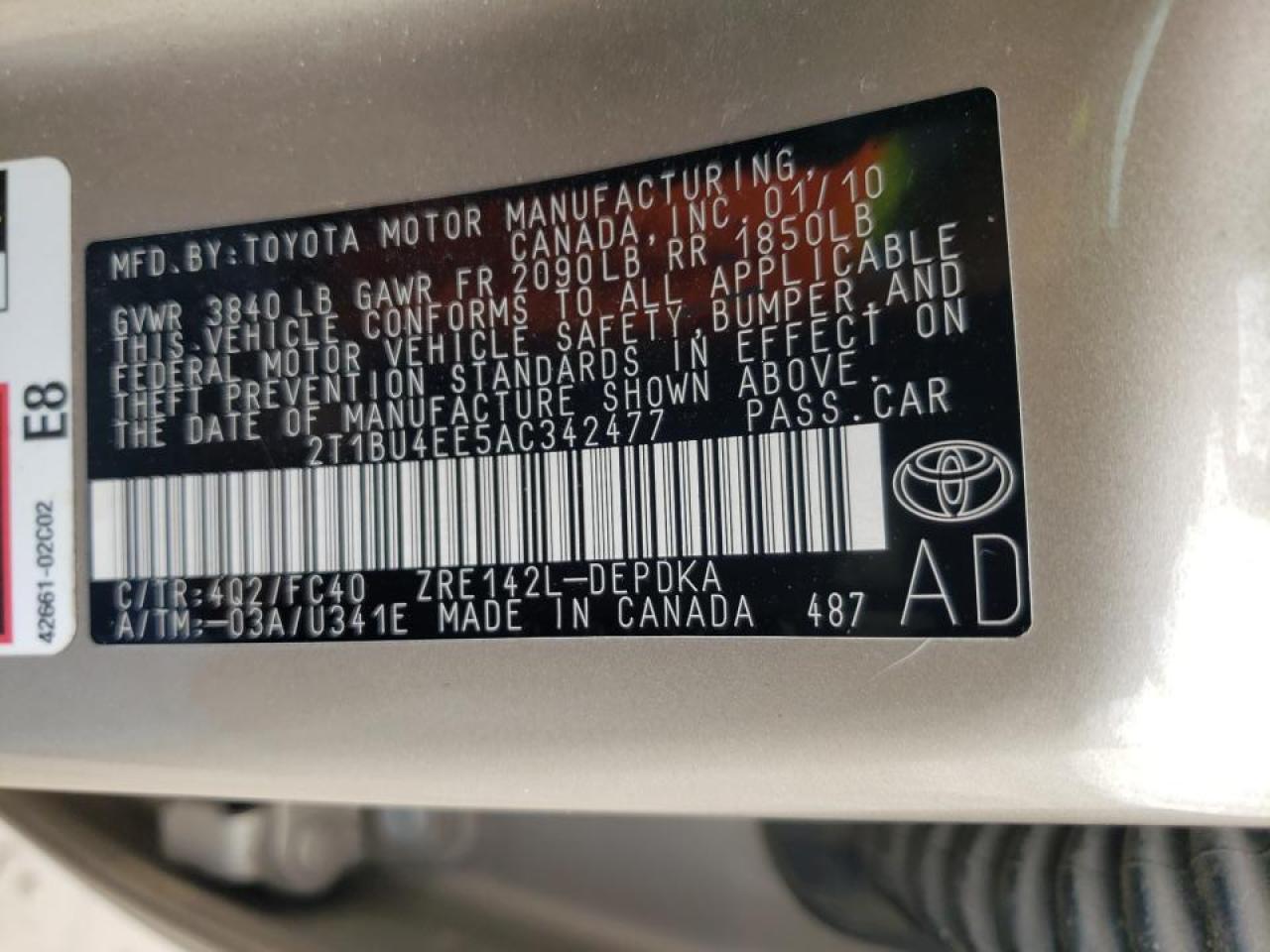 Photo 10 from auction – 2010 TOYOTA COROLLA BA with VIN 2T1BU4EE5AC342477