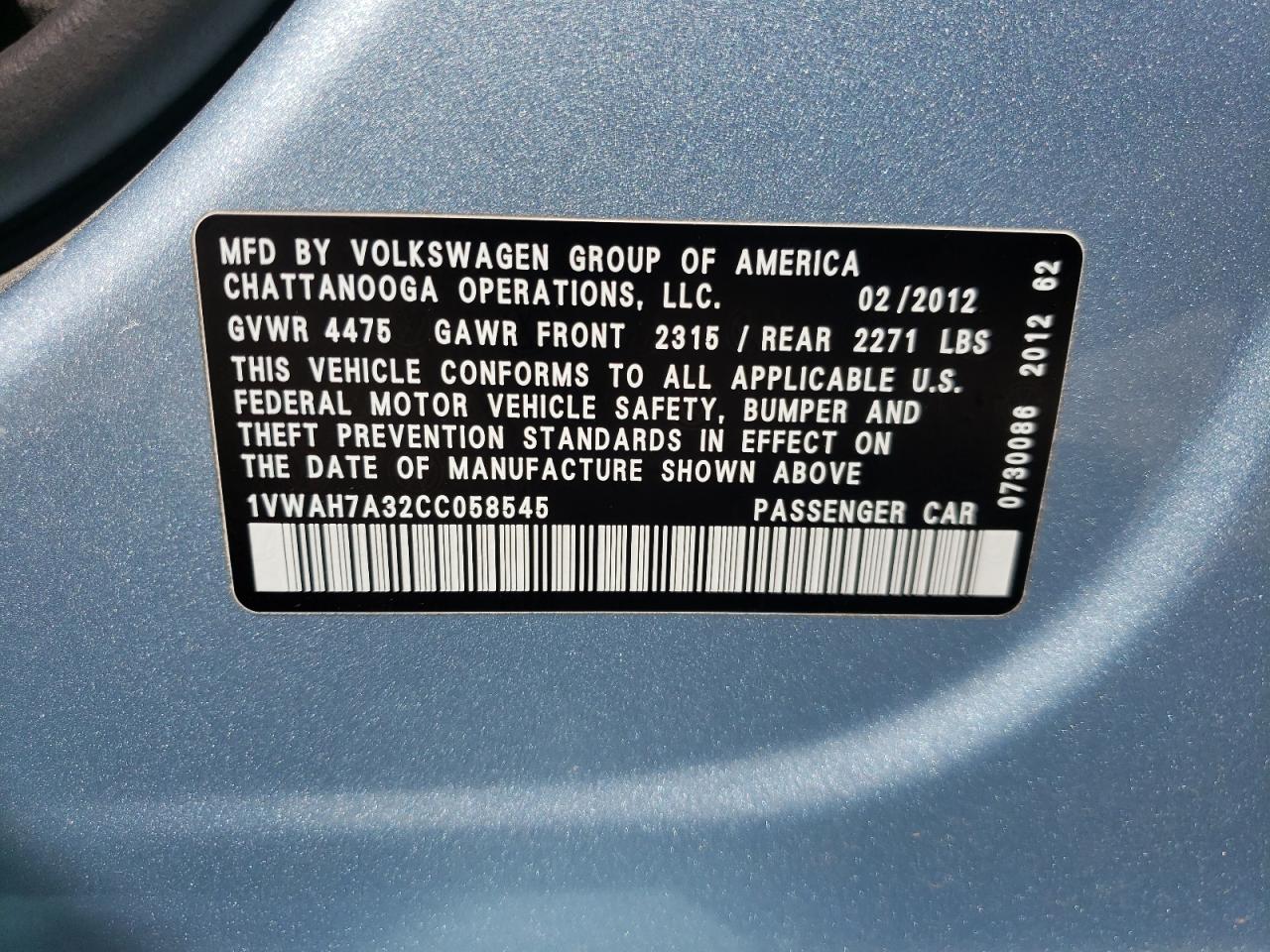 Photo 10 from auction – 2012 VOLKSWAGEN PASSAT S with VIN 1VWAH7A32CC058545