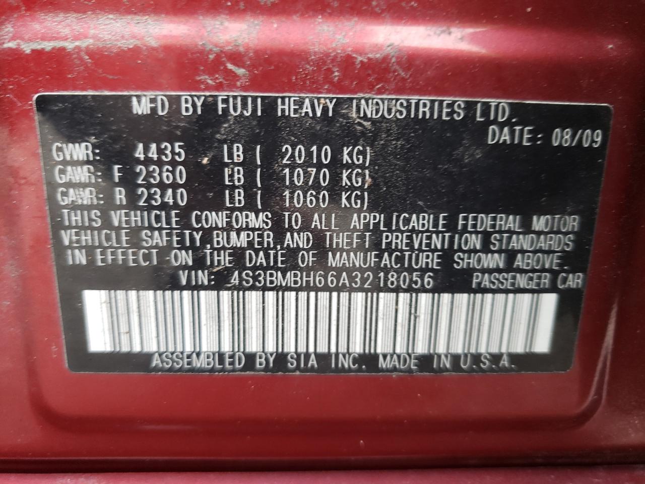 Photo 10 from auction – 2010 SUBARU LEGACY 2.5 with VIN 4S3BMBH66A3218056
