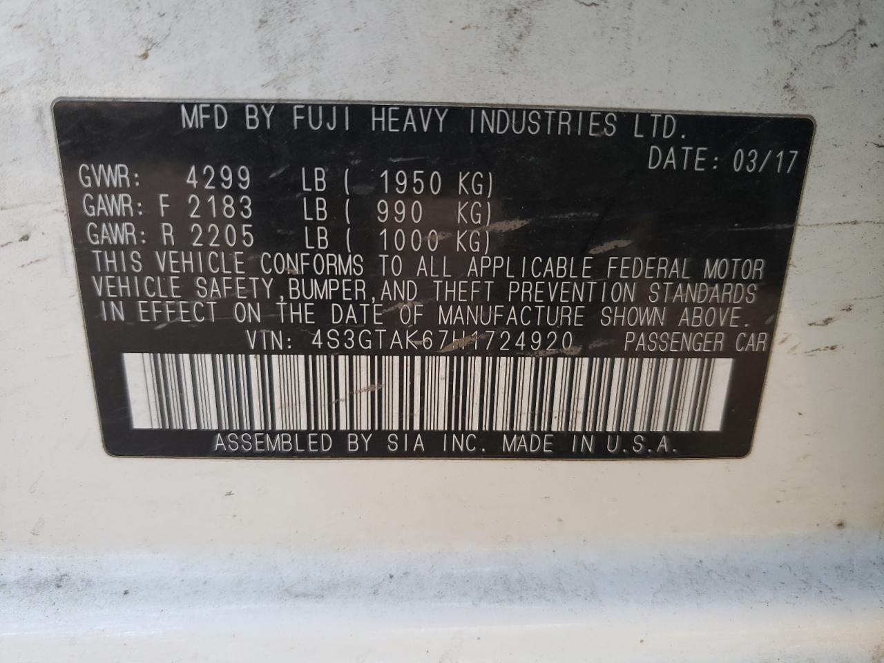 Photo 10 from auction – 2017 SUBARU IMPREZA SP with VIN 4S3GTAK67H1724920