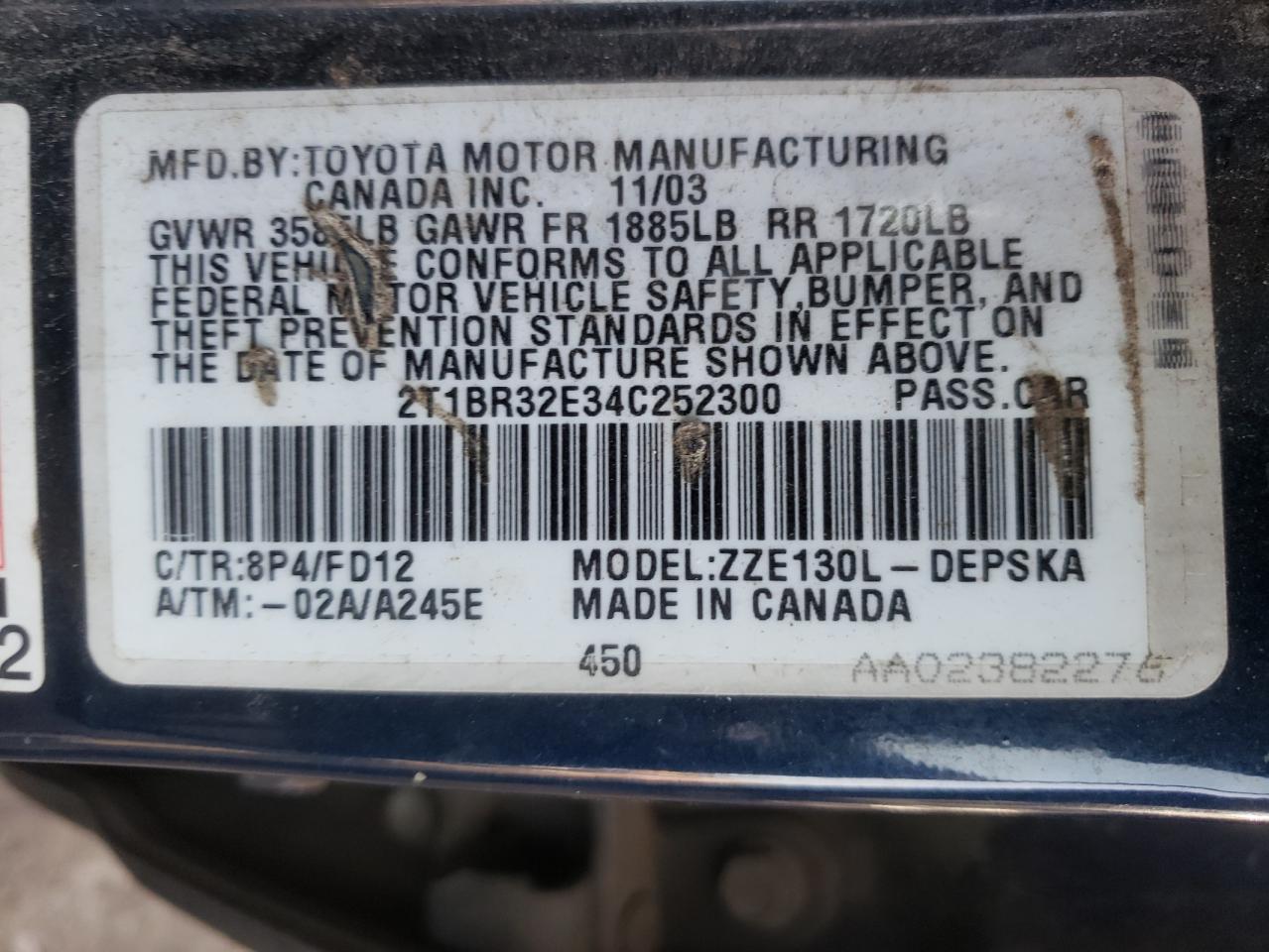 Фото 10 с аукциона – 2004 TOYOTA COROLLA CE с VIN 2T1BR32E34C252300