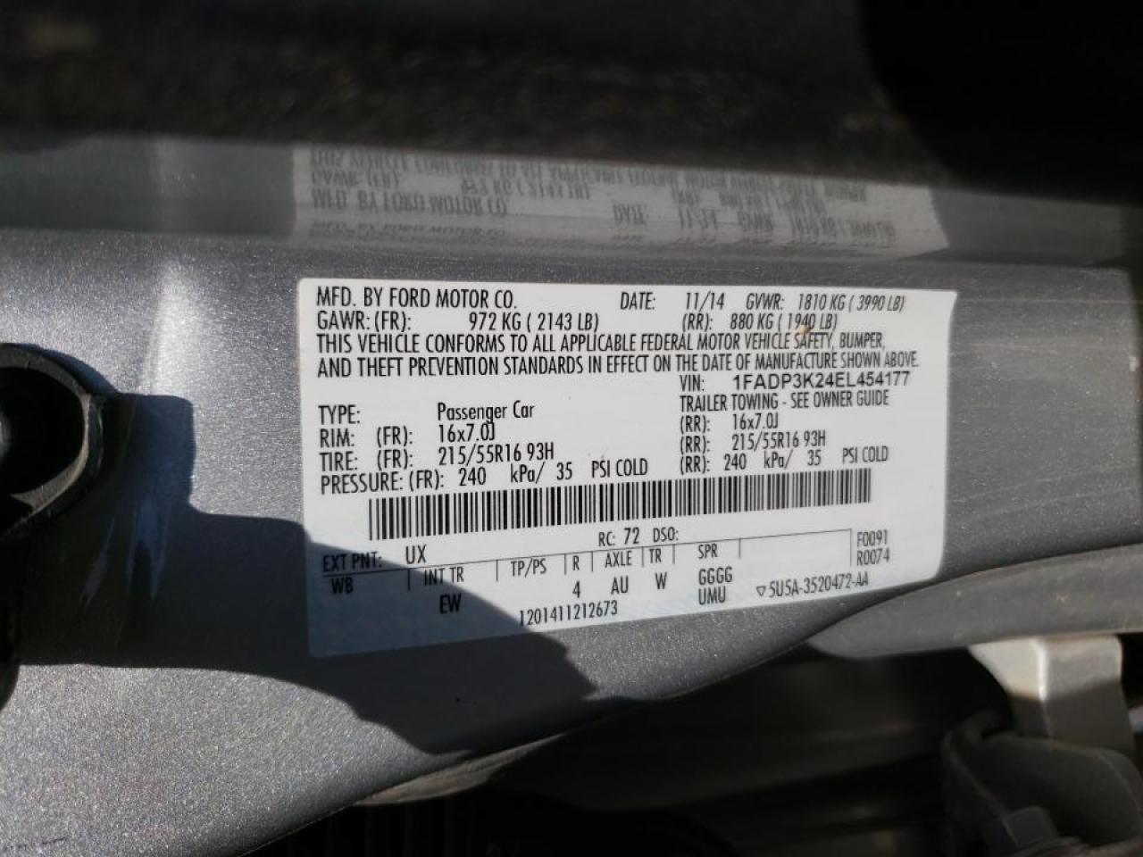 Photo 10 from auction – 2014 FORD FOCUS SE with VIN 1FADP3K24EL454177