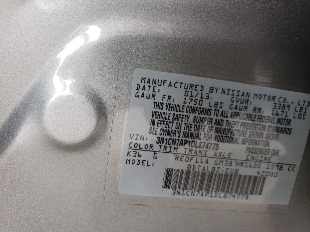 Photo 10 from auction – 2013 NISSAN VERSA S with VIN 3N1CN7AP1DL874775