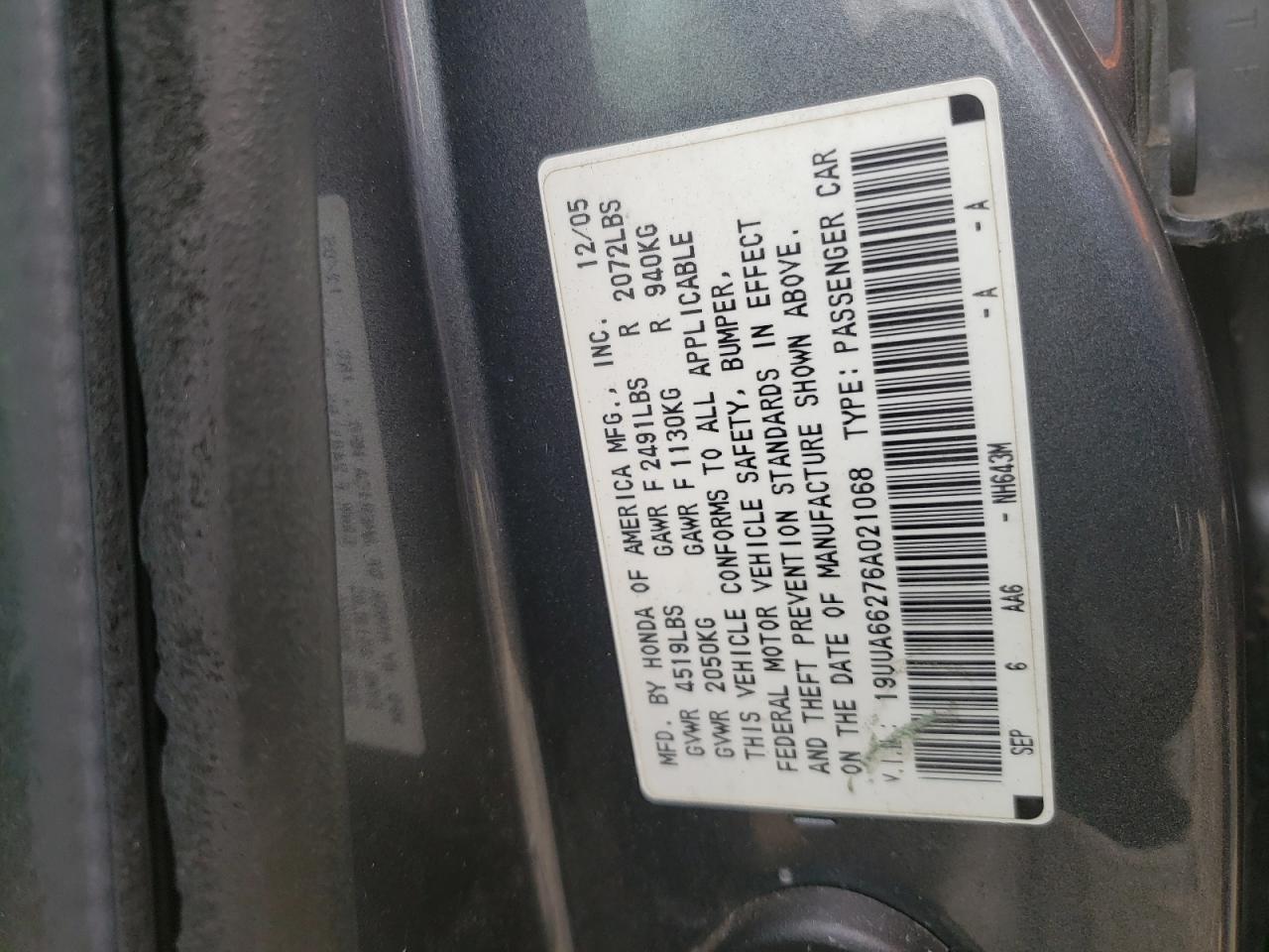 Photo 10 from auction – 2006 ACURA 3.2TL with VIN 19UUA66276A021068