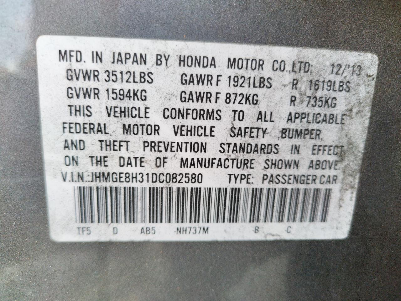 Photo 10 from auction – 2013 HONDA FIT with VIN JHMGE8H31DC082580