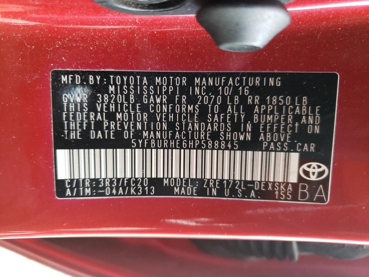 Photo 10 from auction – 2017 TOYOTA COROLLA L with VIN 5YFBURHE6HP588845