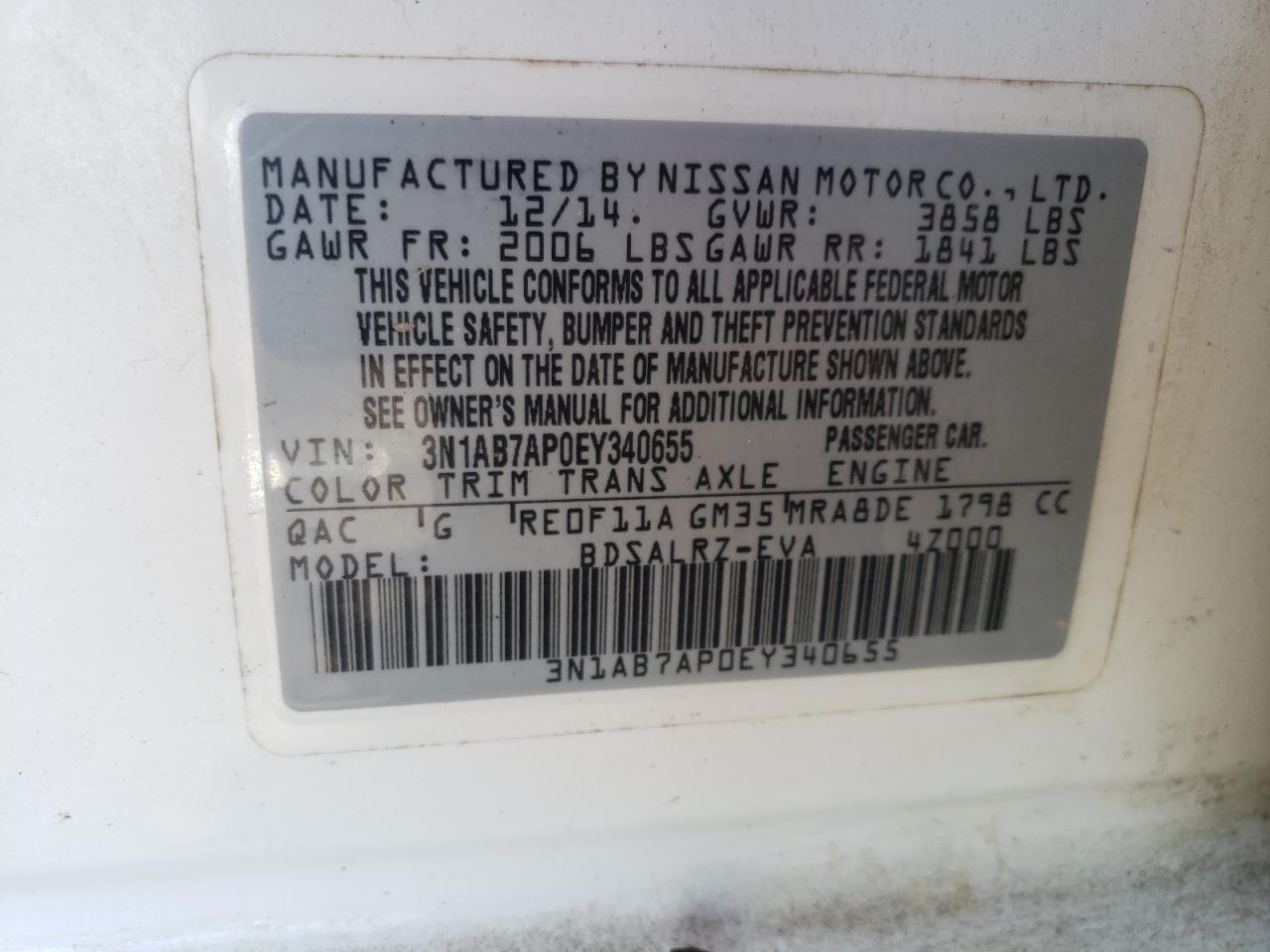 Photo 10 from auction – 2014 NISSAN SENTRA S with VIN 3N1AB7AP0EY340655