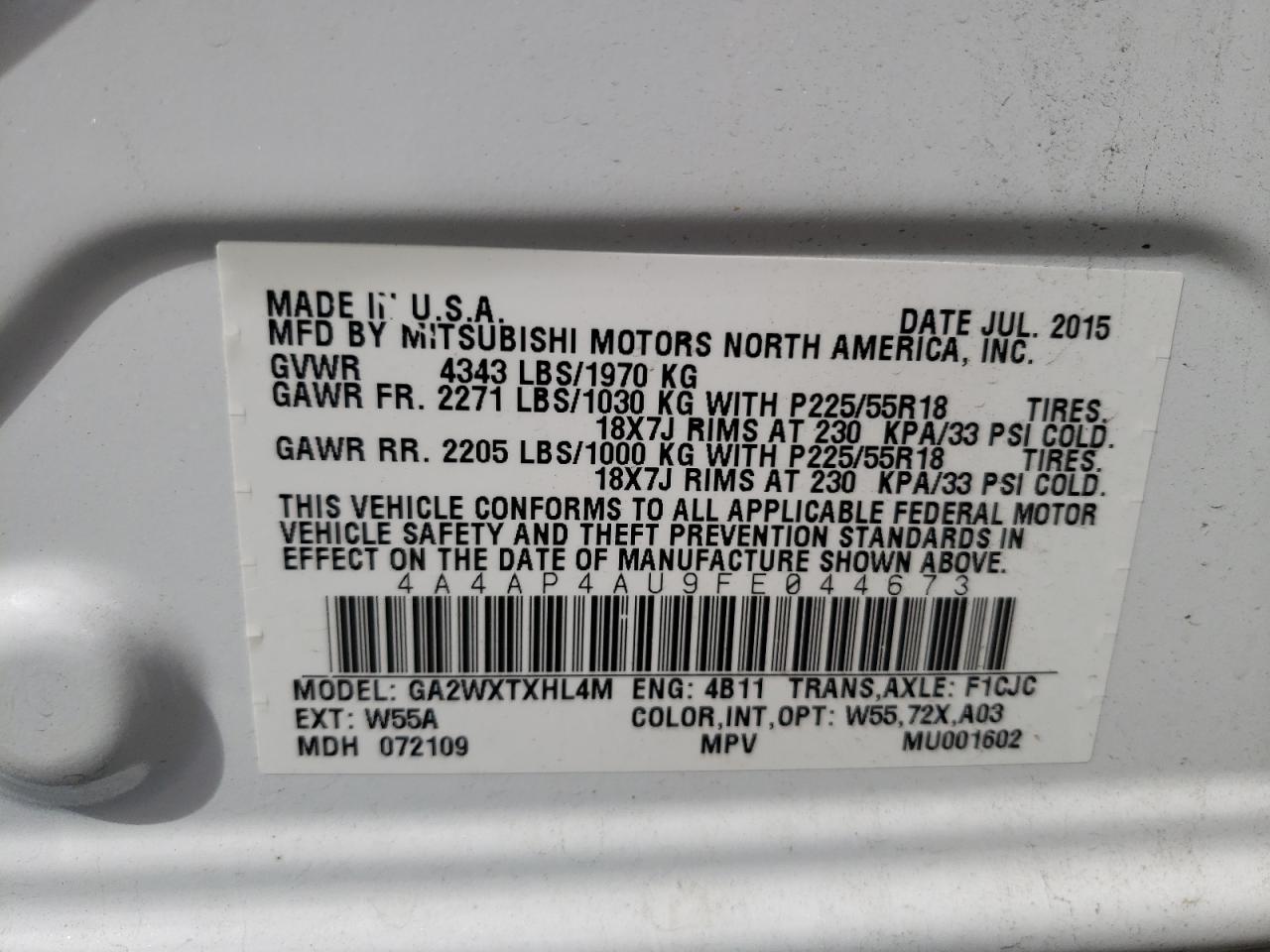 Photo 10 from auction – 2015 MITSUBISHI OUTLANDER with VIN 4A4AP4AU9FE044673
