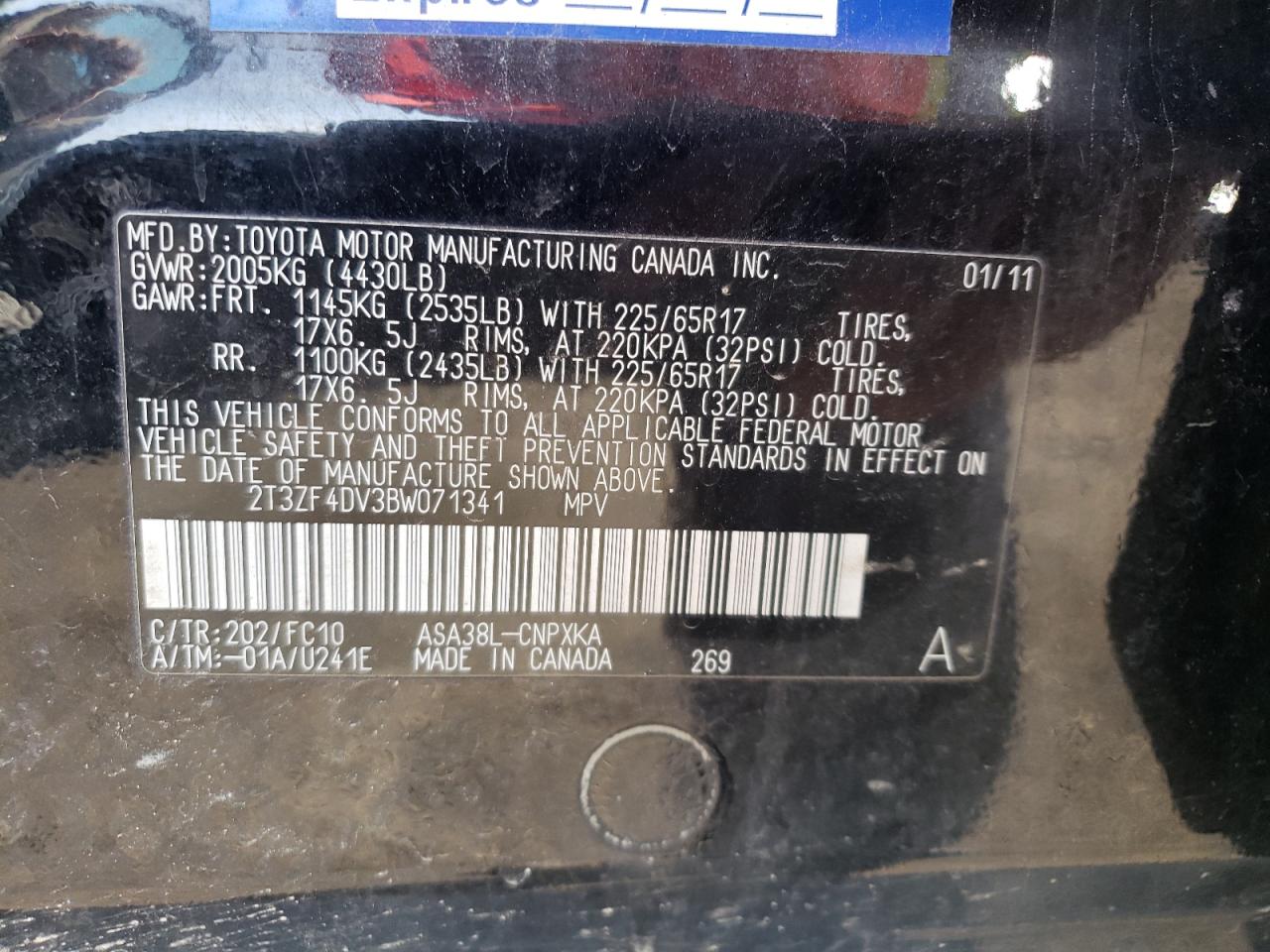 Photo 10 from auction – 2011 TOYOTA RAV4 with VIN 2T3ZF4DV3BW071341