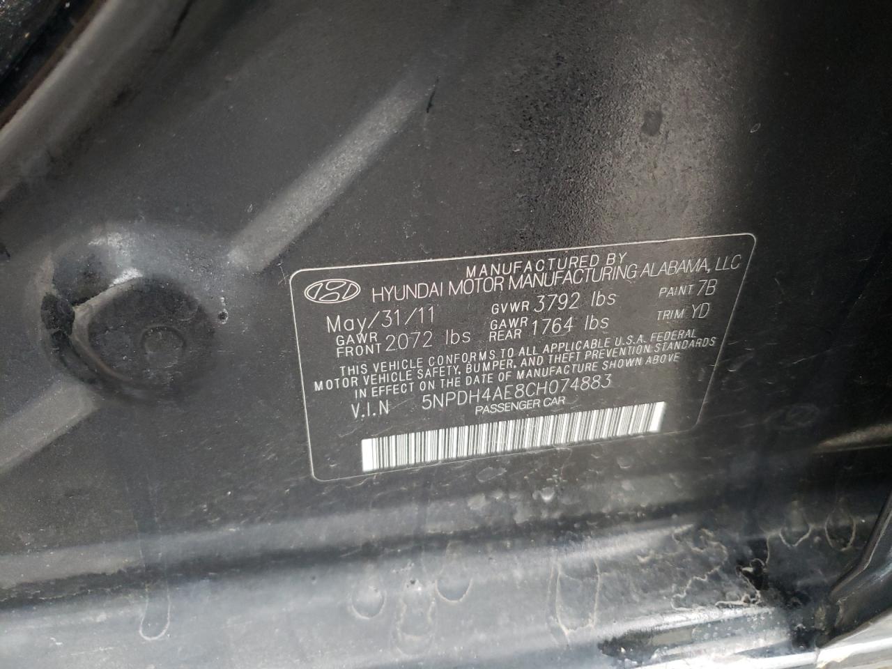 Photo 10 from auction – 2012 HYUNDAI ELANTRA GL with VIN 5NPDH4AE8CH074883