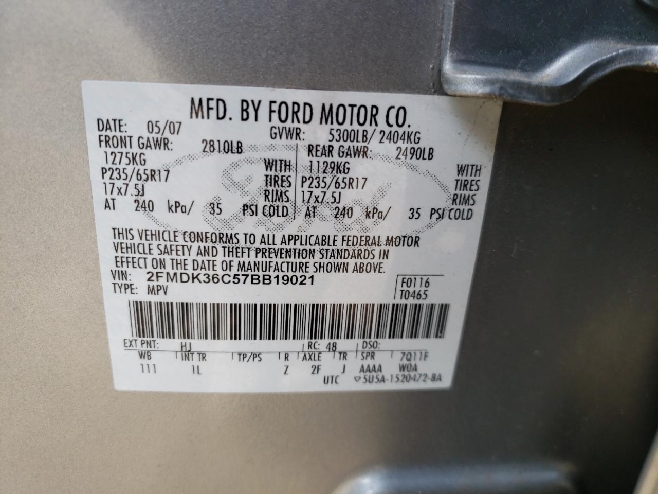 Photo 10 from auction – 2007 FORD EDGE SE with VIN 2FMDK36C57BB19021