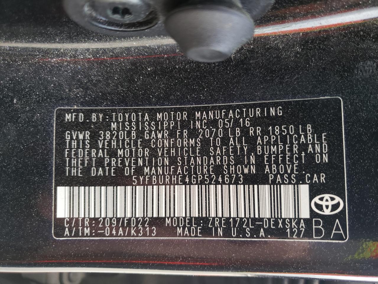 Photo 10 from auction – 2016 TOYOTA COROLLA L with VIN 5YFBURHE4GP524673