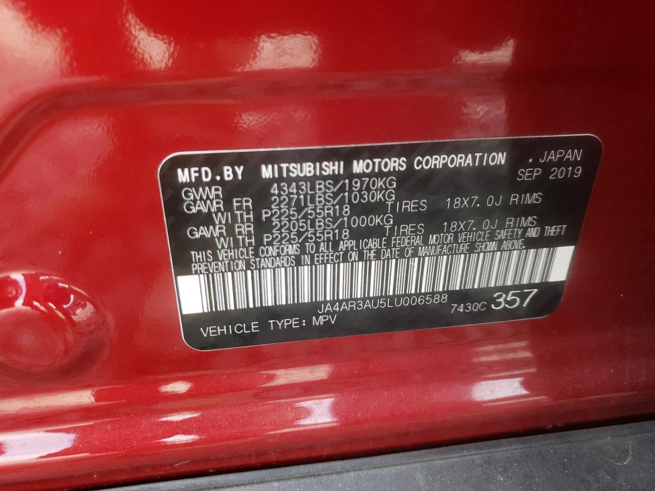 Photo 10 from auction – 2020 MITSUBISHI OUTLANDER with VIN JA4AR3AU5LU006588