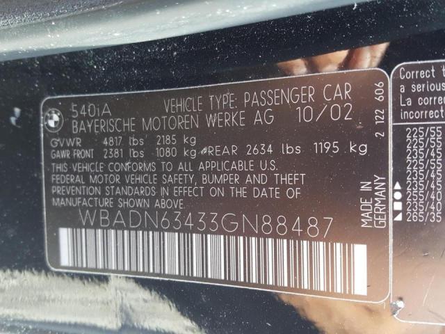 Photo 10 from auction – 2003 BMW 540 I AUTO with VIN WBADN63433GN88487