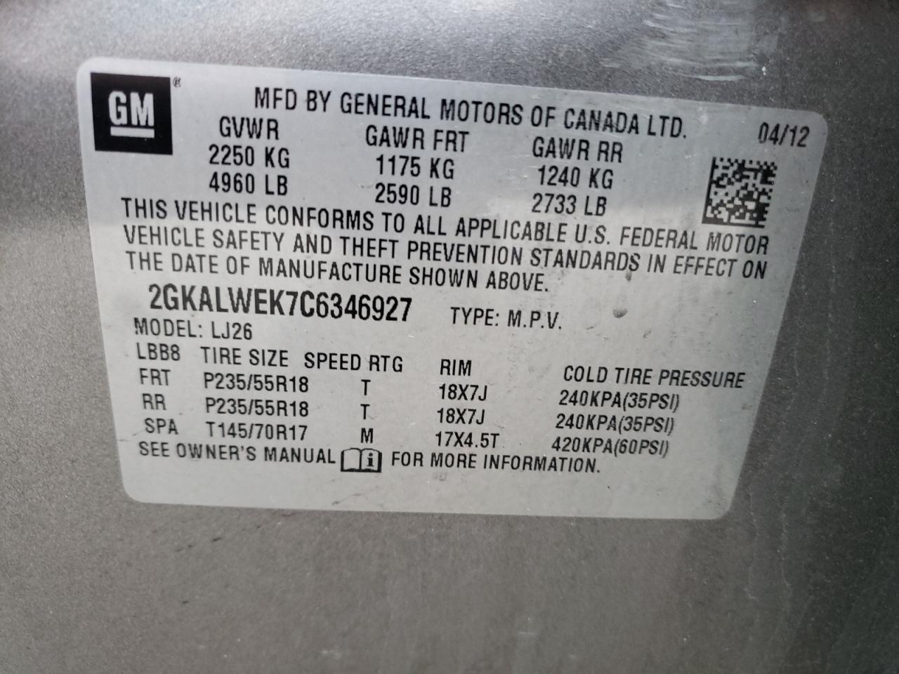 Photo 10 from auction – 2012 GMC TERRAIN SL with VIN 2GKALWEK7C6346927
