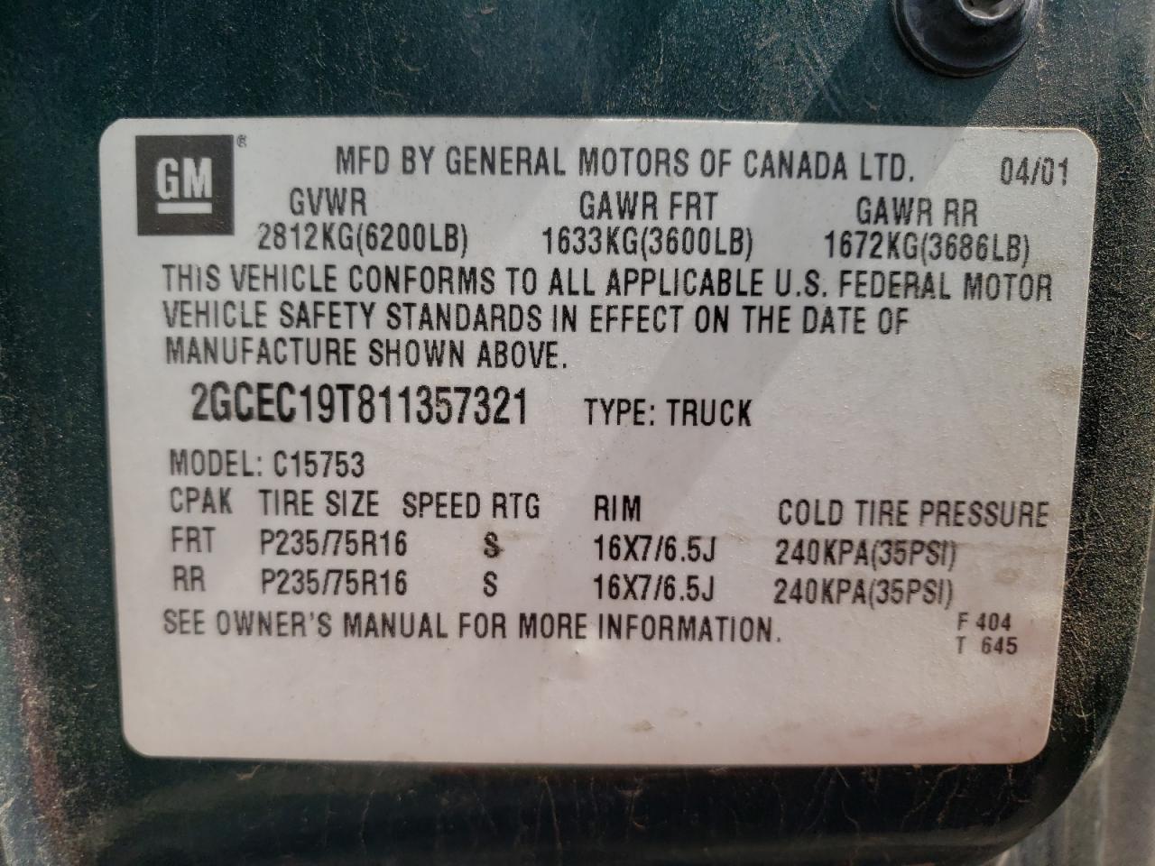 Photo 10 from auction – 2001 CHEVROLET SILVERADO with VIN 2GCEC19T811357321