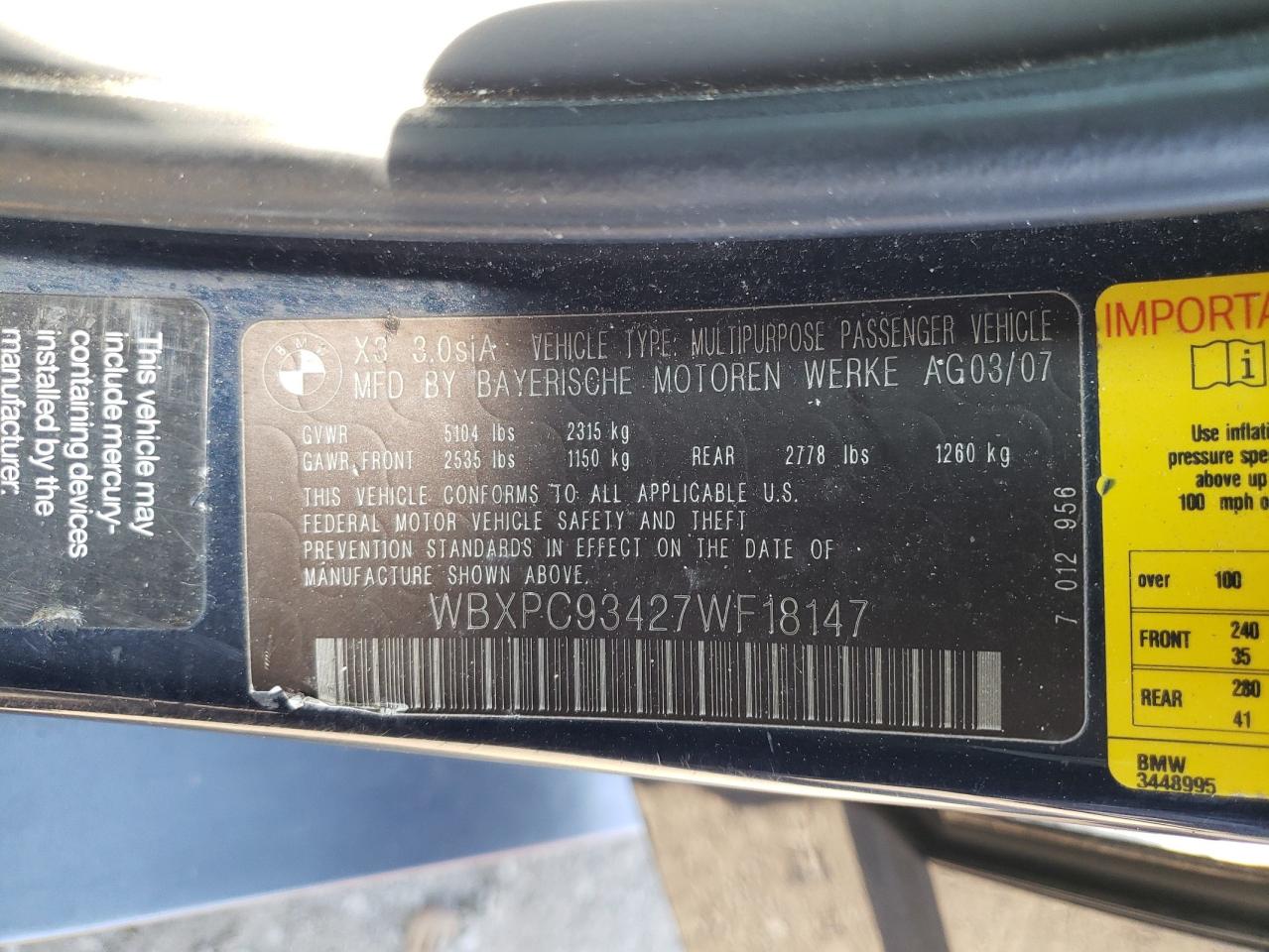 Photo 10 from auction – 2007 BMW X3 3.0SI with VIN WBXPC93427WF18147