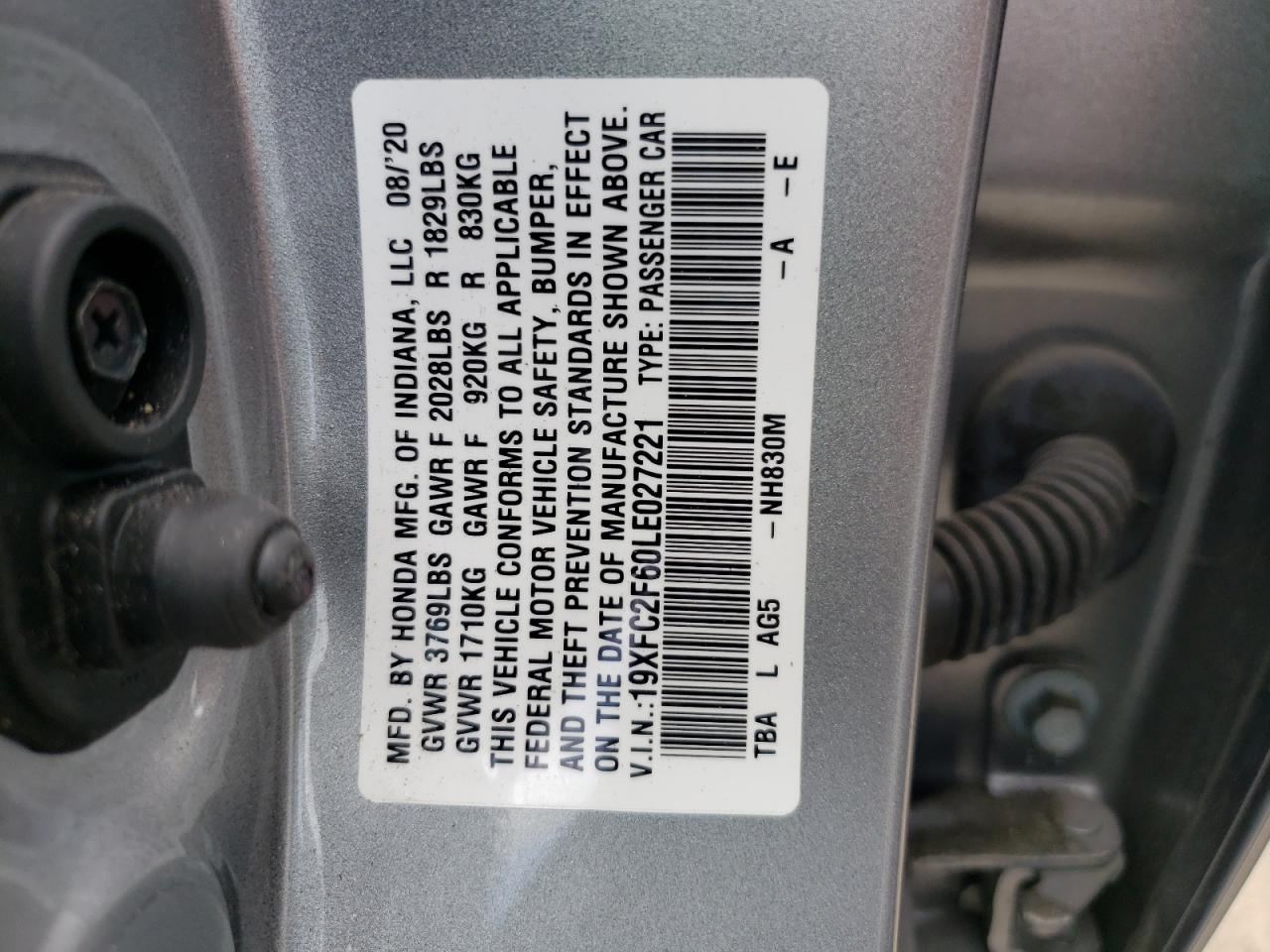 Photo 10 from auction – 2020 HONDA CIVIC LX with VIN 19XFC2F60LE027221