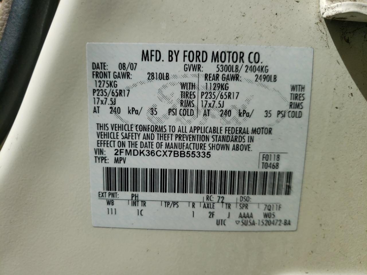 Photo 10 from auction – 2007 FORD EDGE SE with VIN 2FMDK36CX7BB55335