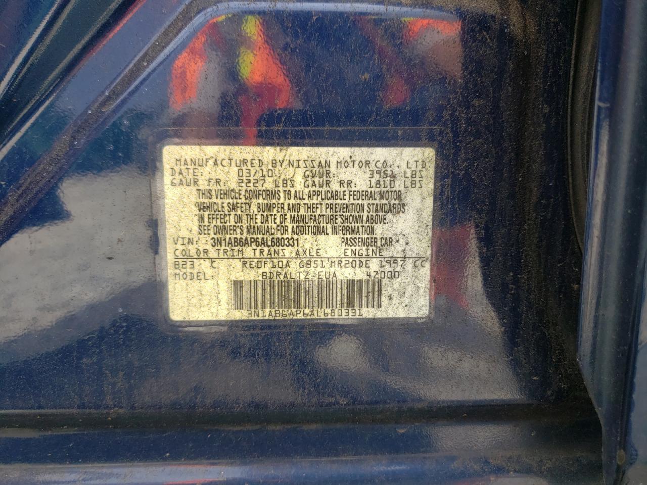 Photo 10 from auction – 2010 NISSAN SENTRA 2.0 with VIN 3N1AB6AP6AL680331