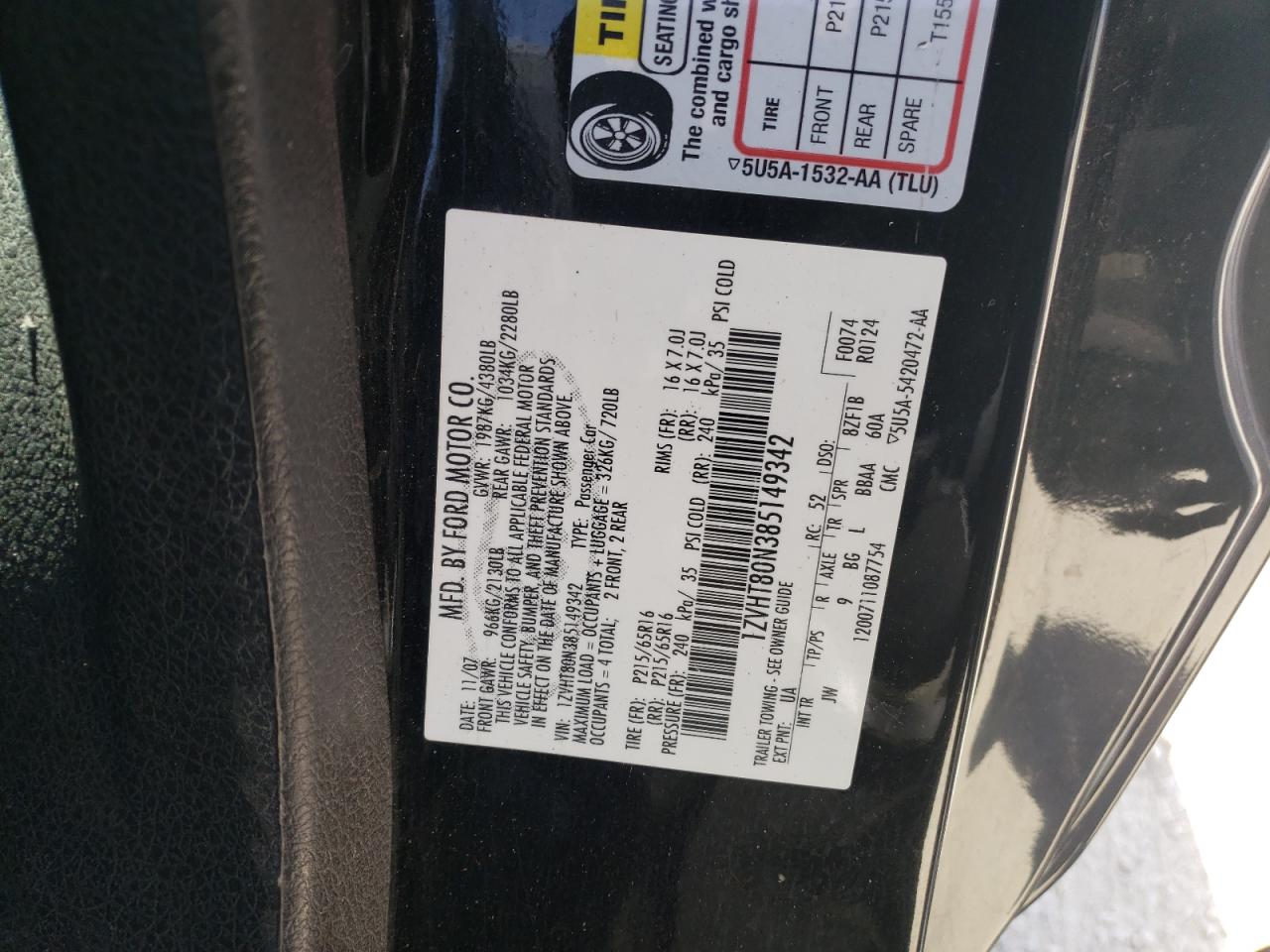 Photo 10 from auction – 2008 FORD MUSTANG with VIN 1ZVHT80N385149342