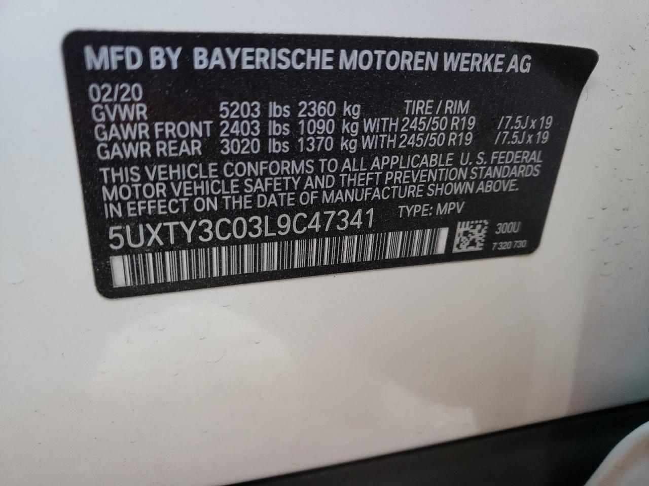Photo 10 from auction – 2020 BMW X3 SDRIVE3 with VIN 5UXTY3C03L9C47341