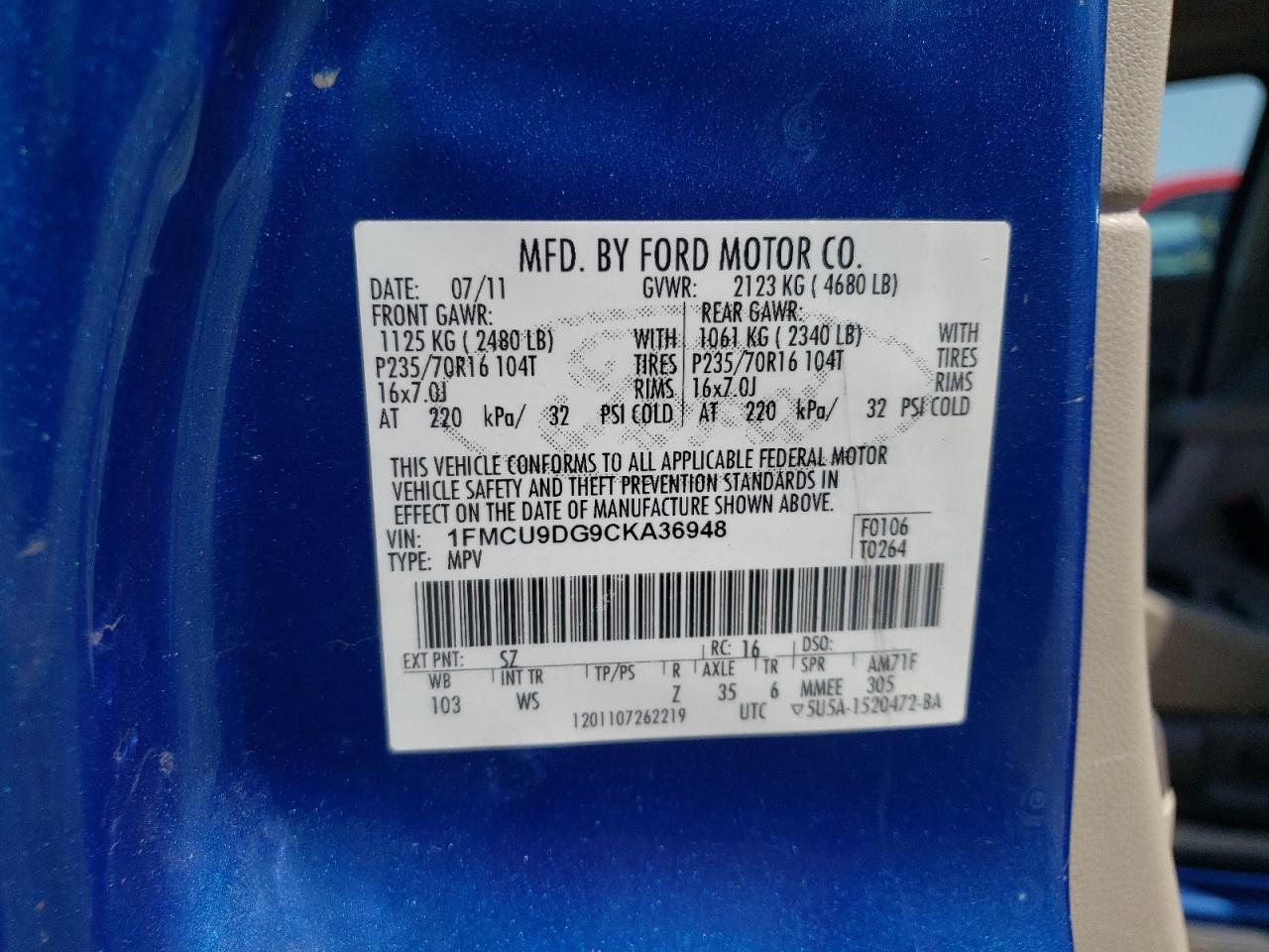 Photo 10 from auction – 2012 FORD ESCAPE XLT with VIN 1FMCU9DG9CKA36948