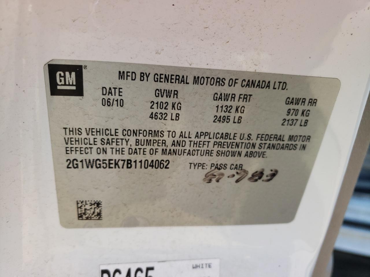 Photo 10 from auction – 2011 CHEVROLET IMPALA LT with VIN 2G1WG5EK7B1104062