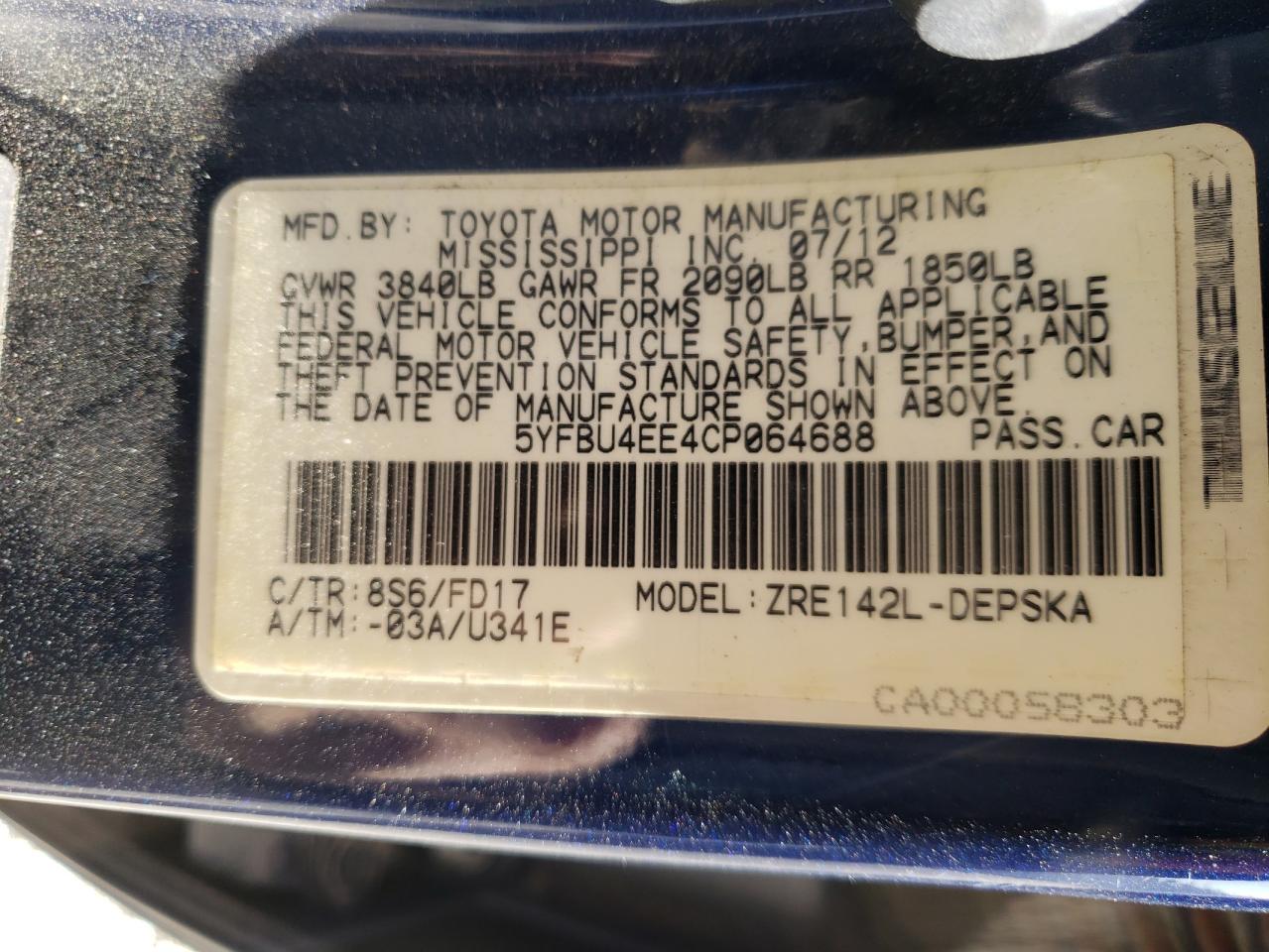 Photo 10 from auction – 2012 TOYOTA COROLLA BA with VIN 5YFBU4EE4CP064688