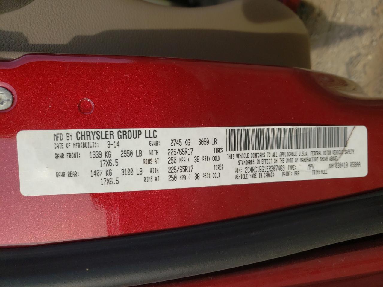 Photo 10 from auction – 2014 CHRYSLER TOWN & COU with VIN 2C4RC1BG1ER307463