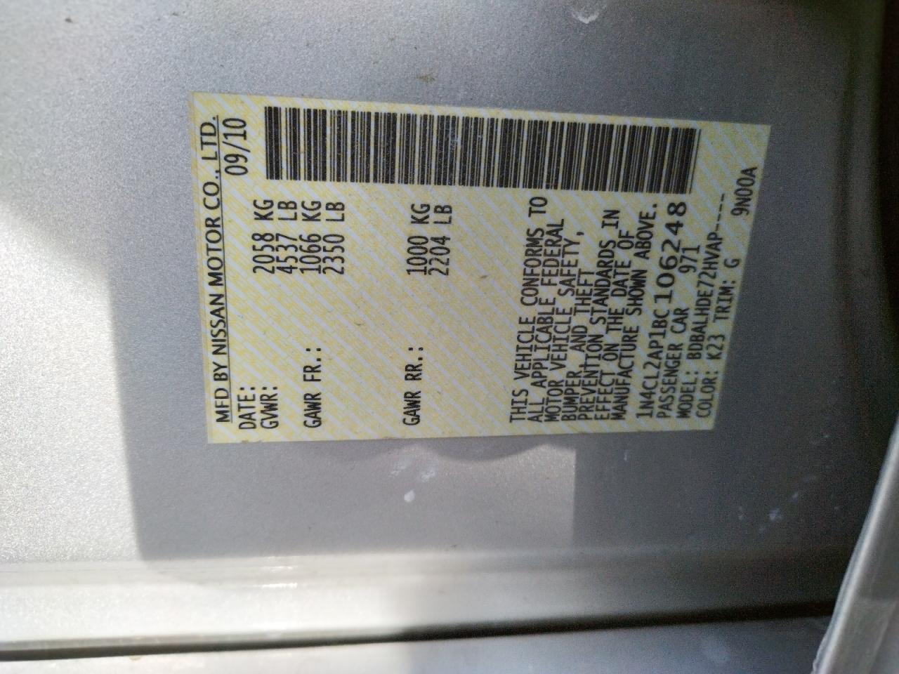 Photo 10 from auction – 2011 NISSAN ALTIMA HYB with VIN 1N4CL2AP1BC106248