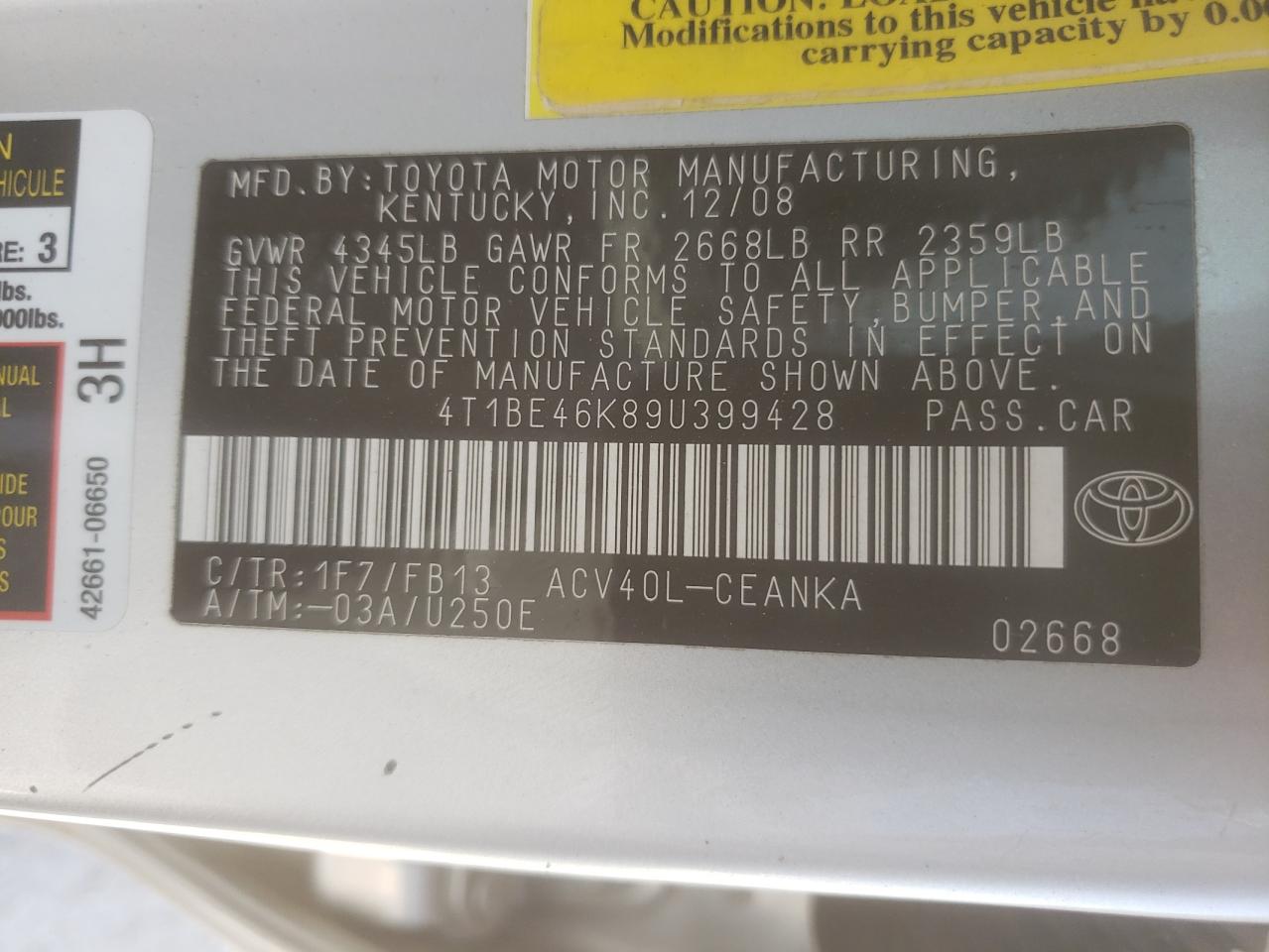 Photo 10 from auction – 2009 TOYOTA CAMRY BASE with VIN 4T1BE46K89U399428