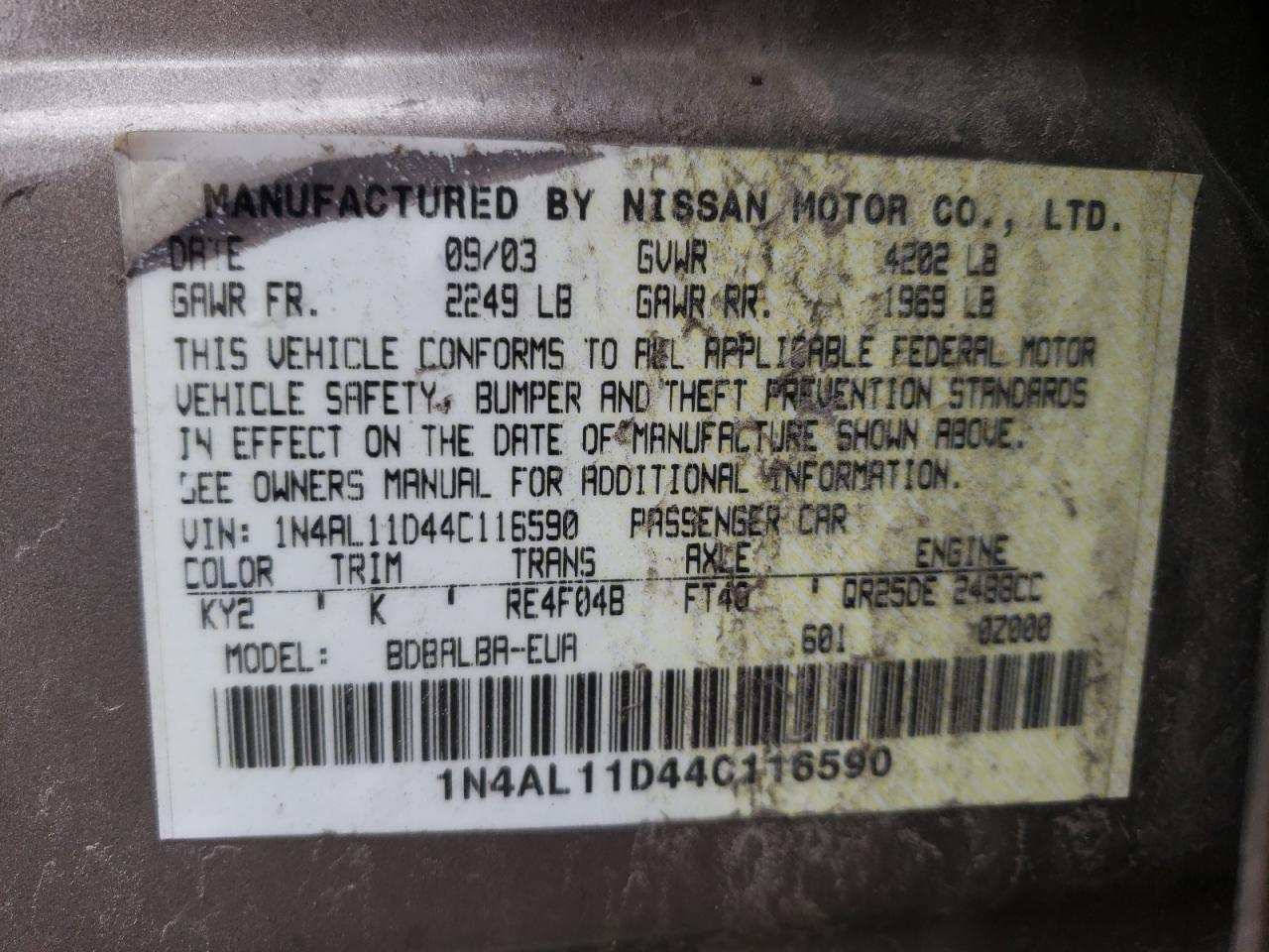 Photo 10 from auction – 2004 NISSAN ALTIMA with VIN 1N4AL11D44C116590
